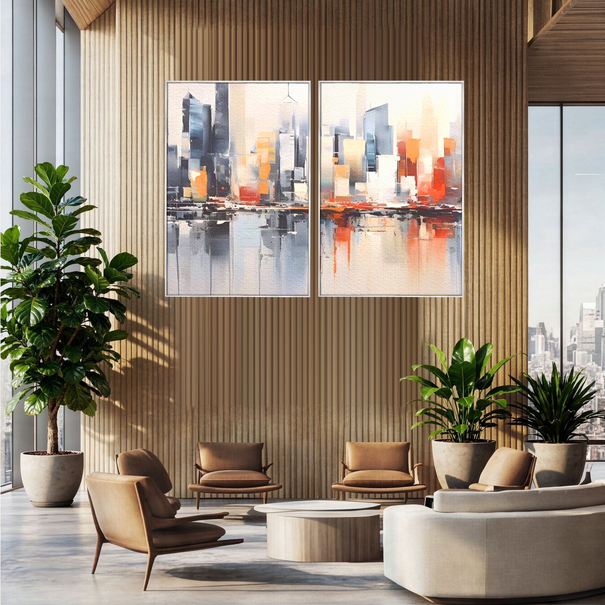 Set 2 Tablouri Canvas Premium LuxCanva® A2-1386, The City, Living, Oras, Cladiri, Reflexie, Dormitor, Culori Vibrante