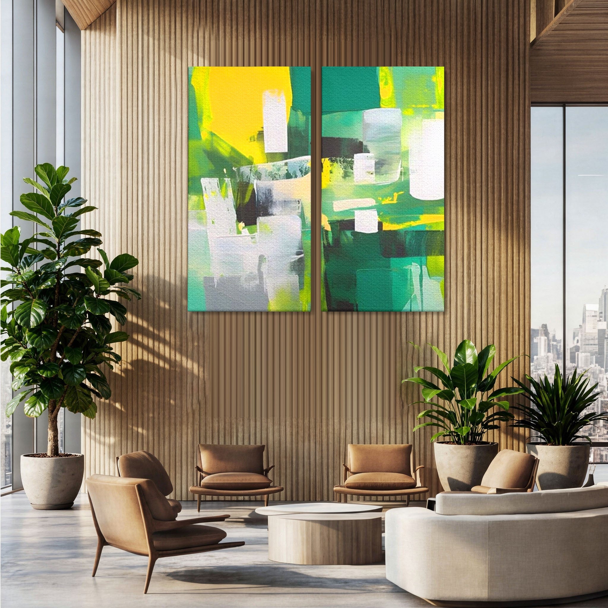 Set 2 Tablouri Canvas Premium LuxCanva® A2-1388, Abstract Green, Living, Verde, Culoare, Arta Moderna, Dormitor, Culori Vibrante
