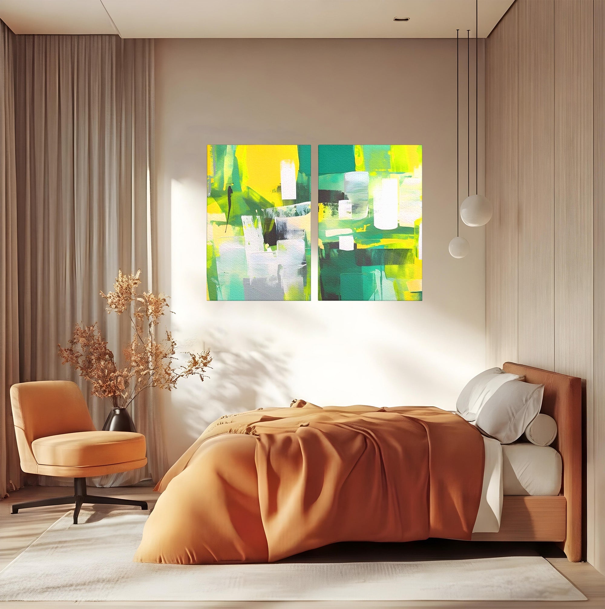 Set 2 Tablouri Canvas Premium LuxCanva® A2-1388, Abstract Green, Living, Verde, Culoare, Arta Moderna, Dormitor, Culori Vibrante