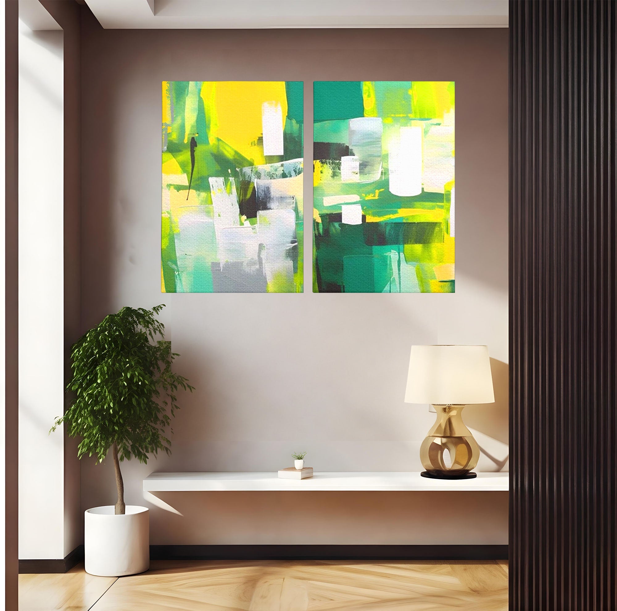 Set 2 Tablouri Canvas Premium LuxCanva® A2-1388, Abstract Green, Living, Verde, Culoare, Arta Moderna, Dormitor, Culori Vibrante