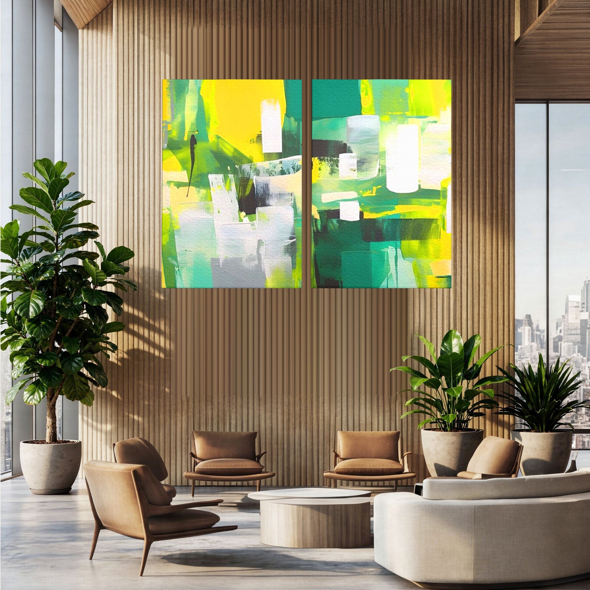 Set 2 Tablouri Canvas Premium LuxCanva® A2-1388, Abstract Green, Living, Verde, Culoare, Arta Moderna, Dormitor, Culori Vibrante