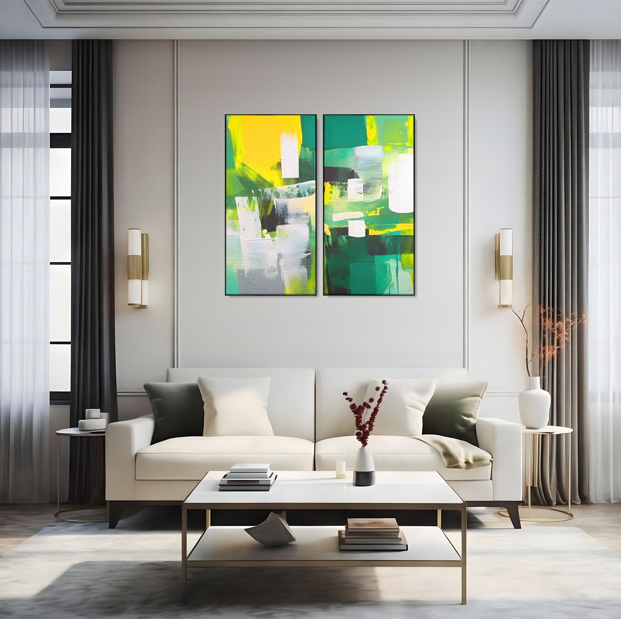 Set 2 Tablouri Canvas Premium LuxCanva® A2-1388, Abstract Green, Living, Verde, Culoare, Arta Moderna, Dormitor, Culori Vibrante