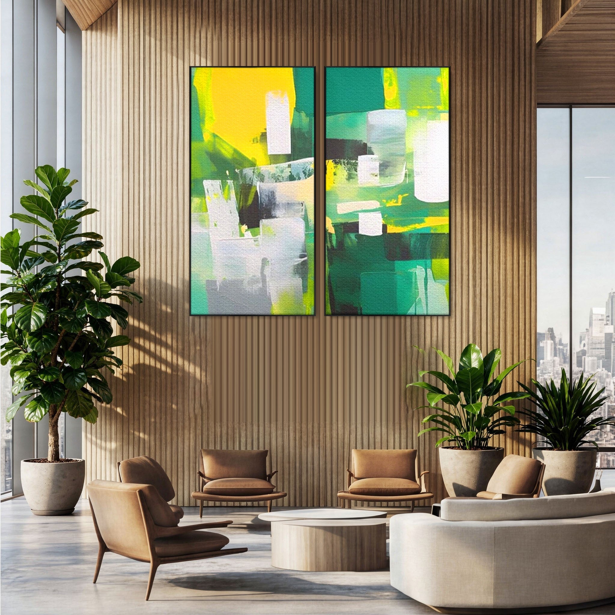 Set 2 Tablouri Canvas Premium LuxCanva® A2-1388, Abstract Green, Living, Verde, Culoare, Arta Moderna, Dormitor, Culori Vibrante
