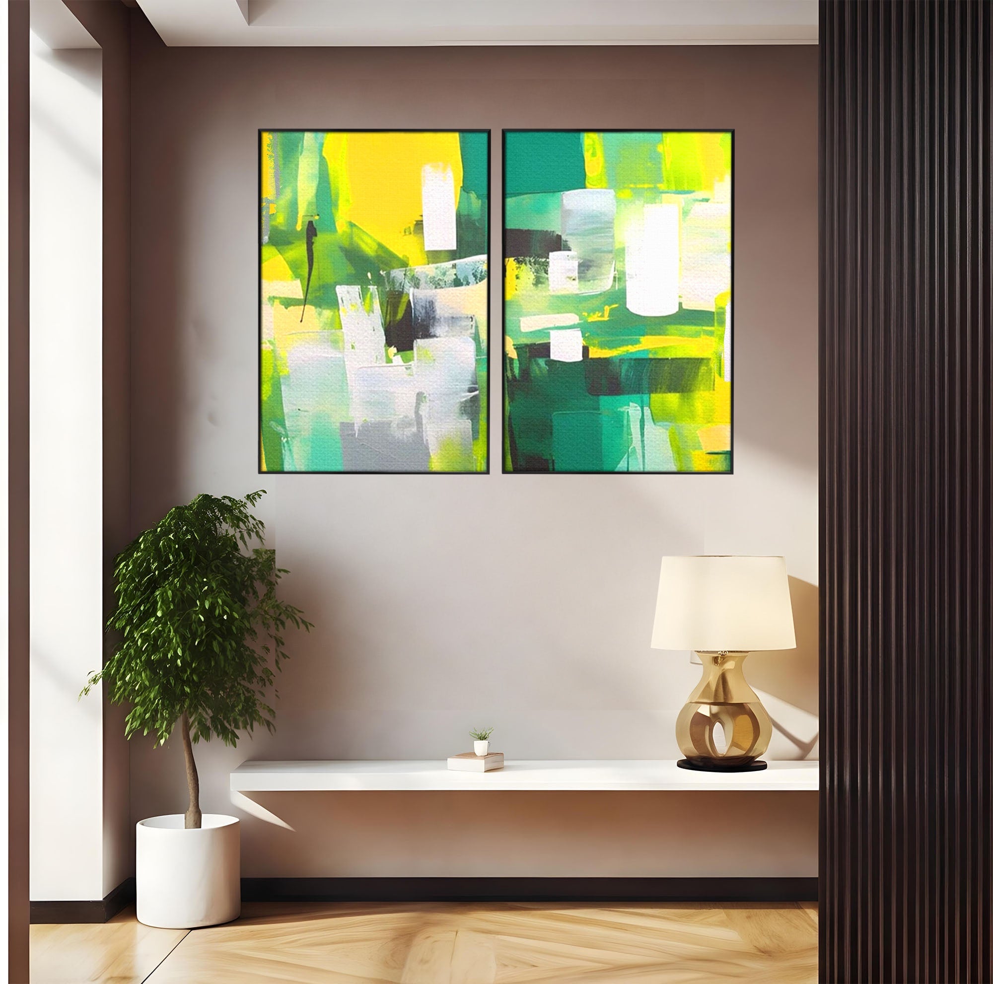 Set 2 Tablouri Canvas Premium LuxCanva® A2-1388, Abstract Green, Living, Verde, Culoare, Arta Moderna, Dormitor, Culori Vibrante