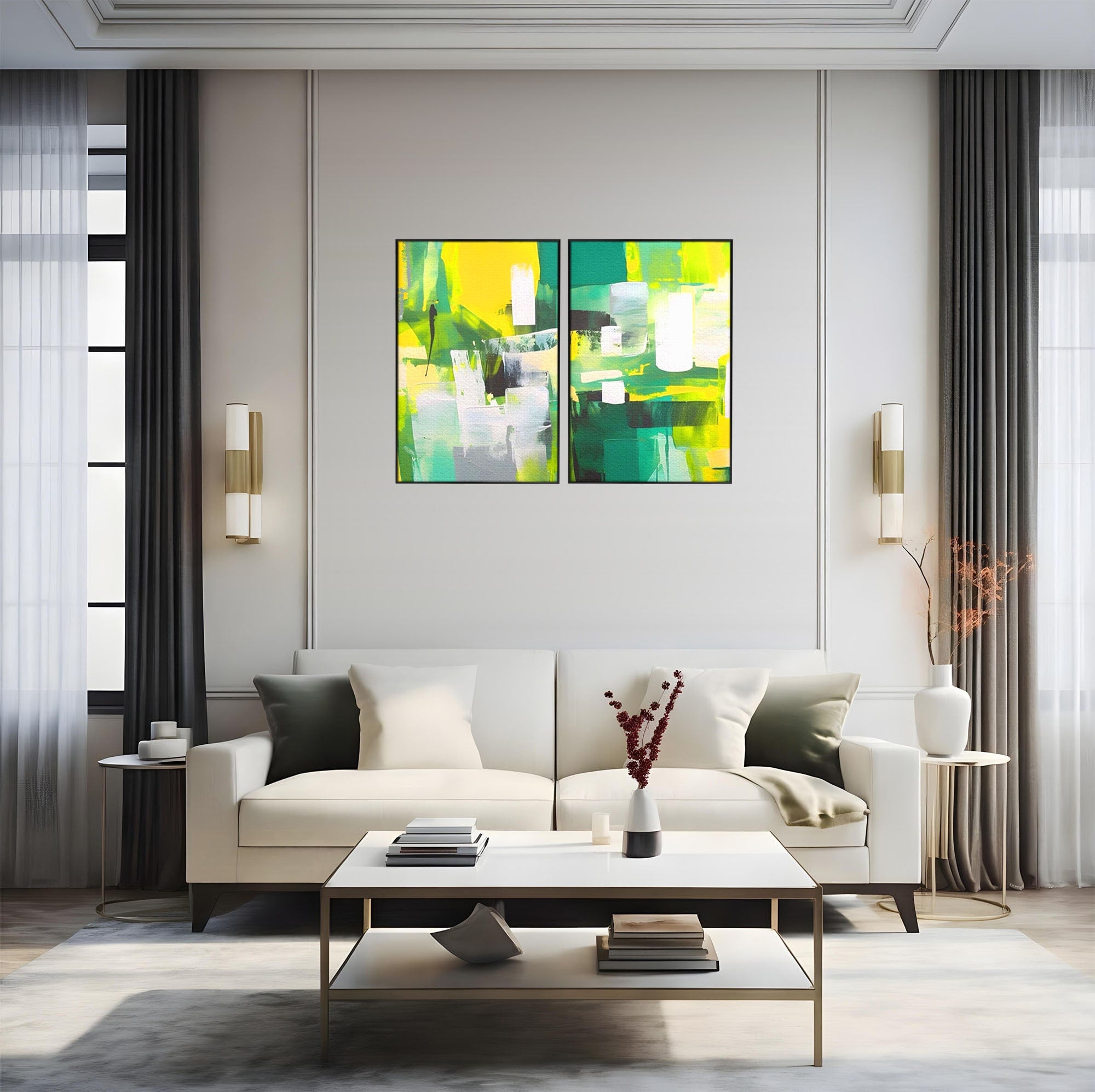 Set 2 Tablouri Canvas Premium LuxCanva® A2-1388, Abstract Green, Living, Verde, Culoare, Arta Moderna, Dormitor, Culori Vibrante
