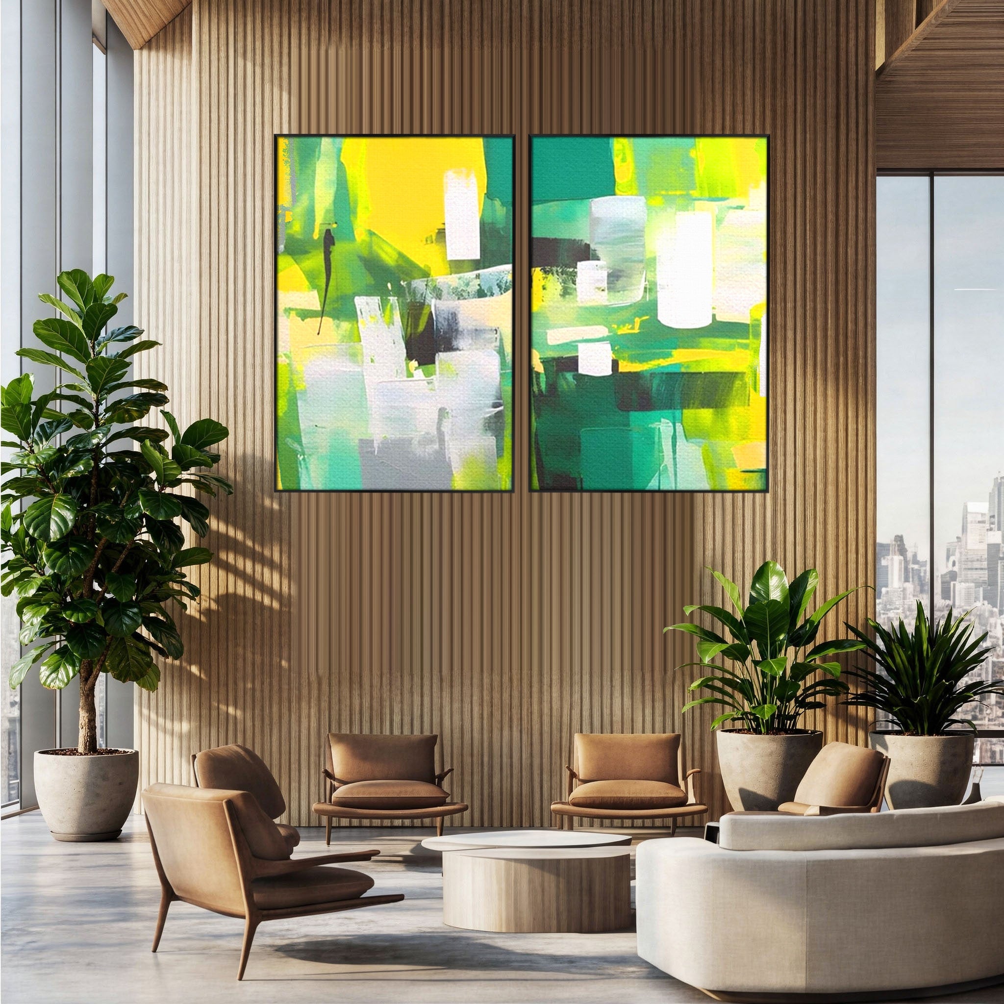 Set 2 Tablouri Canvas Premium LuxCanva® A2-1388, Abstract Green, Living, Verde, Culoare, Arta Moderna, Dormitor, Culori Vibrante