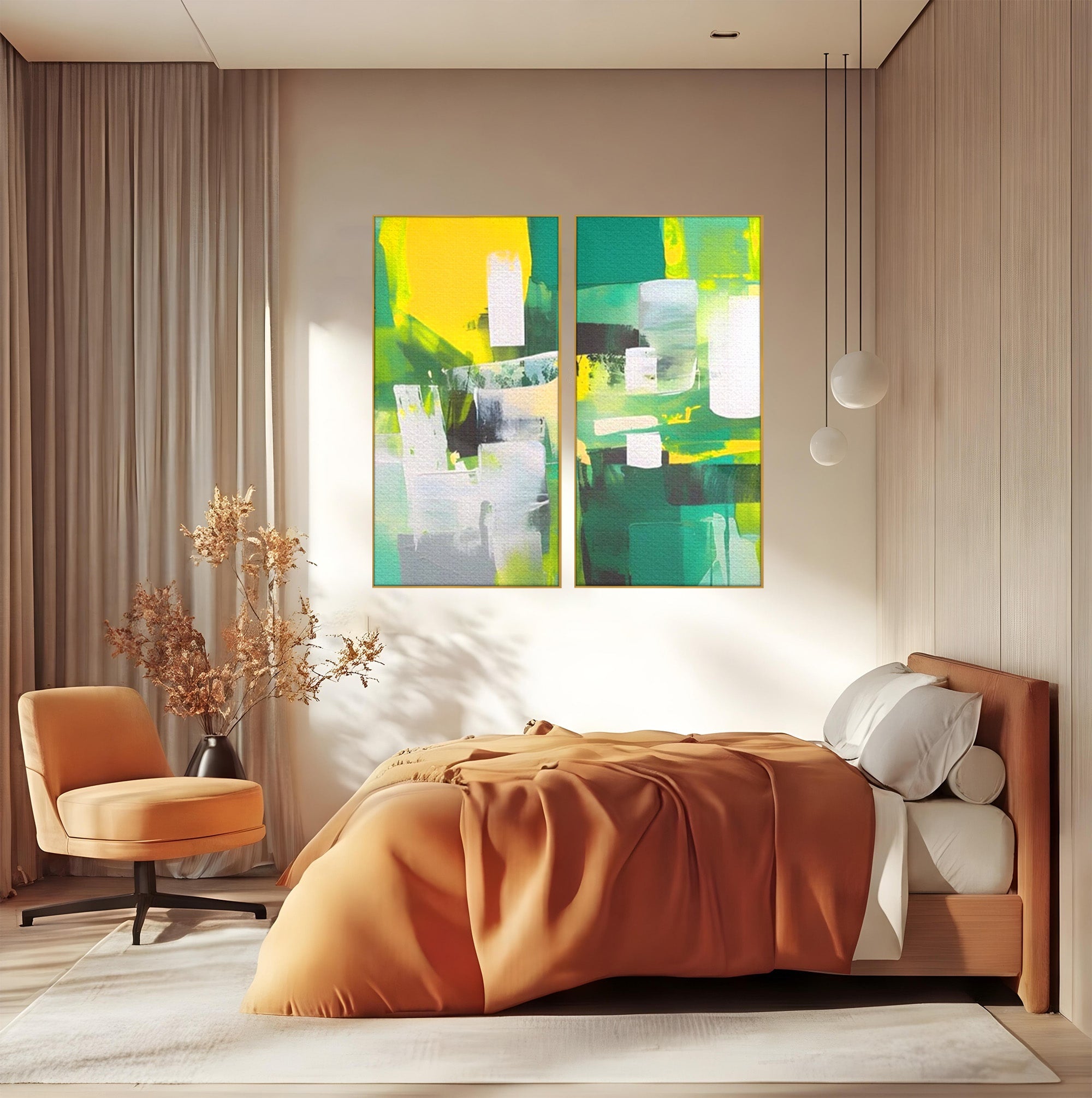 Set 2 Tablouri Canvas Premium LuxCanva® A2-1388, Abstract Green, Living, Verde, Culoare, Arta Moderna, Dormitor, Culori Vibrante