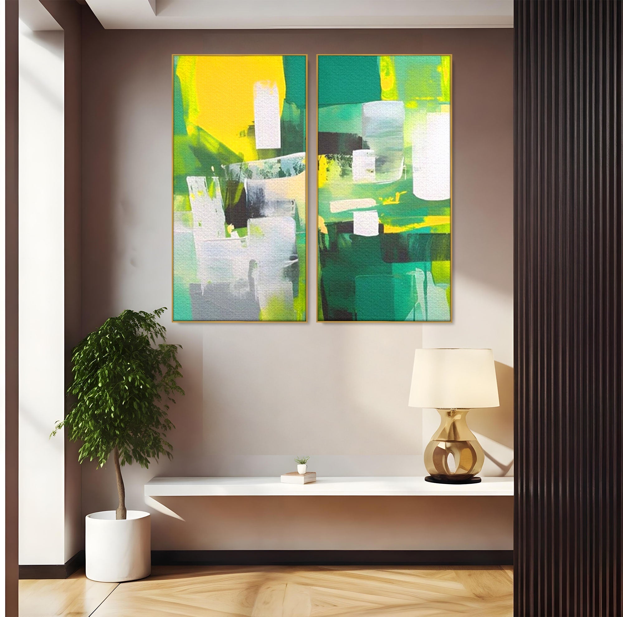 Set 2 Tablouri Canvas Premium LuxCanva® A2-1388, Abstract Green, Living, Verde, Culoare, Arta Moderna, Dormitor, Culori Vibrante