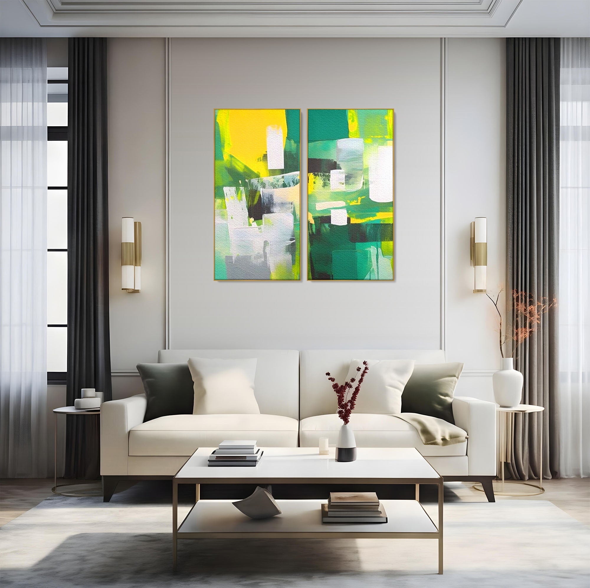 Set 2 Tablouri Canvas Premium LuxCanva® A2-1388, Abstract Green, Living, Verde, Culoare, Arta Moderna, Dormitor, Culori Vibrante