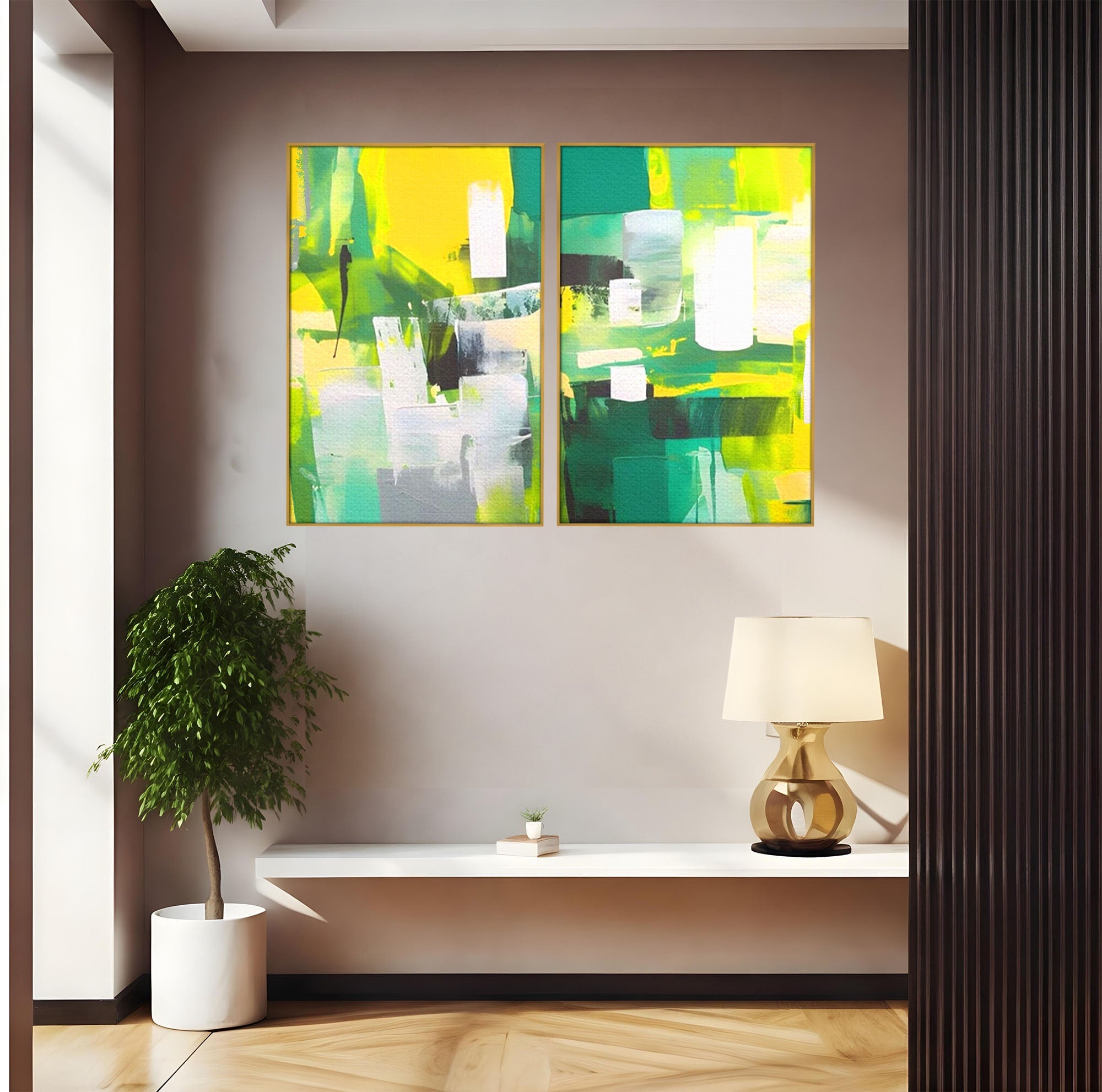 Set 2 Tablouri Canvas Premium LuxCanva® A2-1388, Abstract Green, Living, Verde, Culoare, Arta Moderna, Dormitor, Culori Vibrante