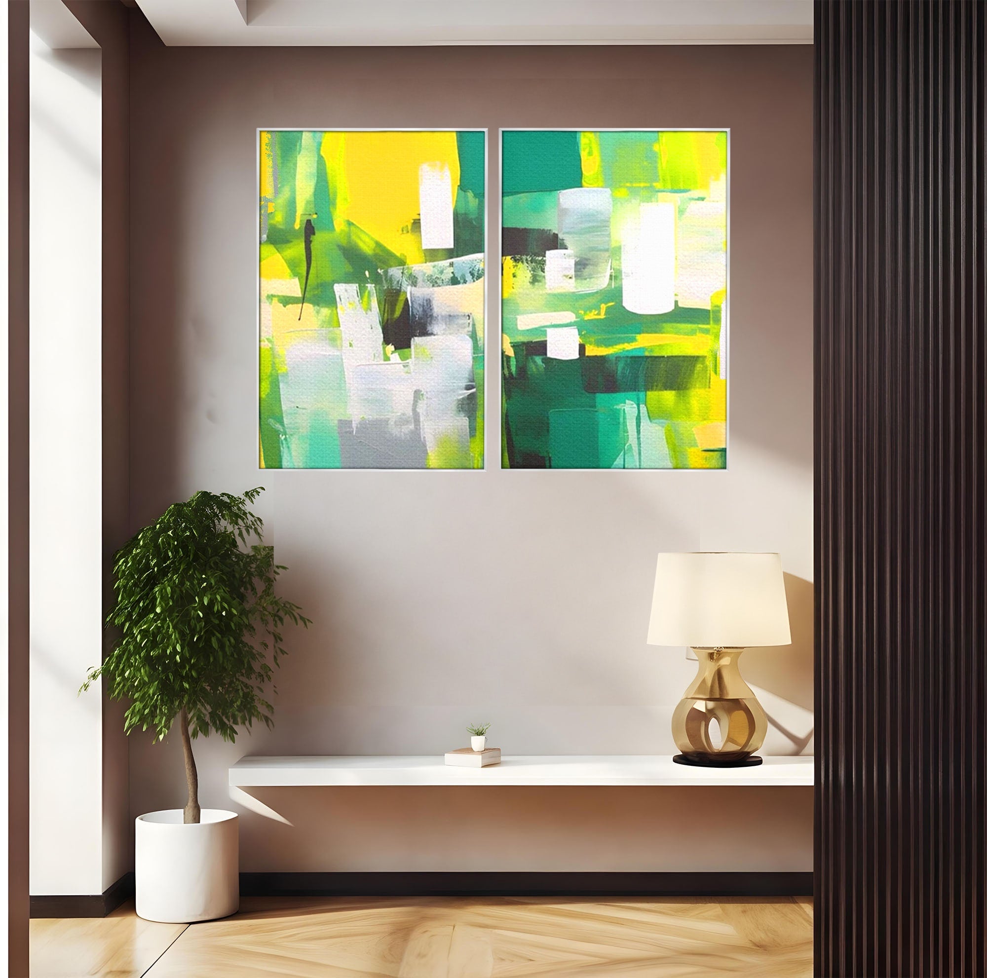 Set 2 Tablouri Canvas Premium LuxCanva® A2-1388, Abstract Green, Living, Verde, Culoare, Arta Moderna, Dormitor, Culori Vibrante