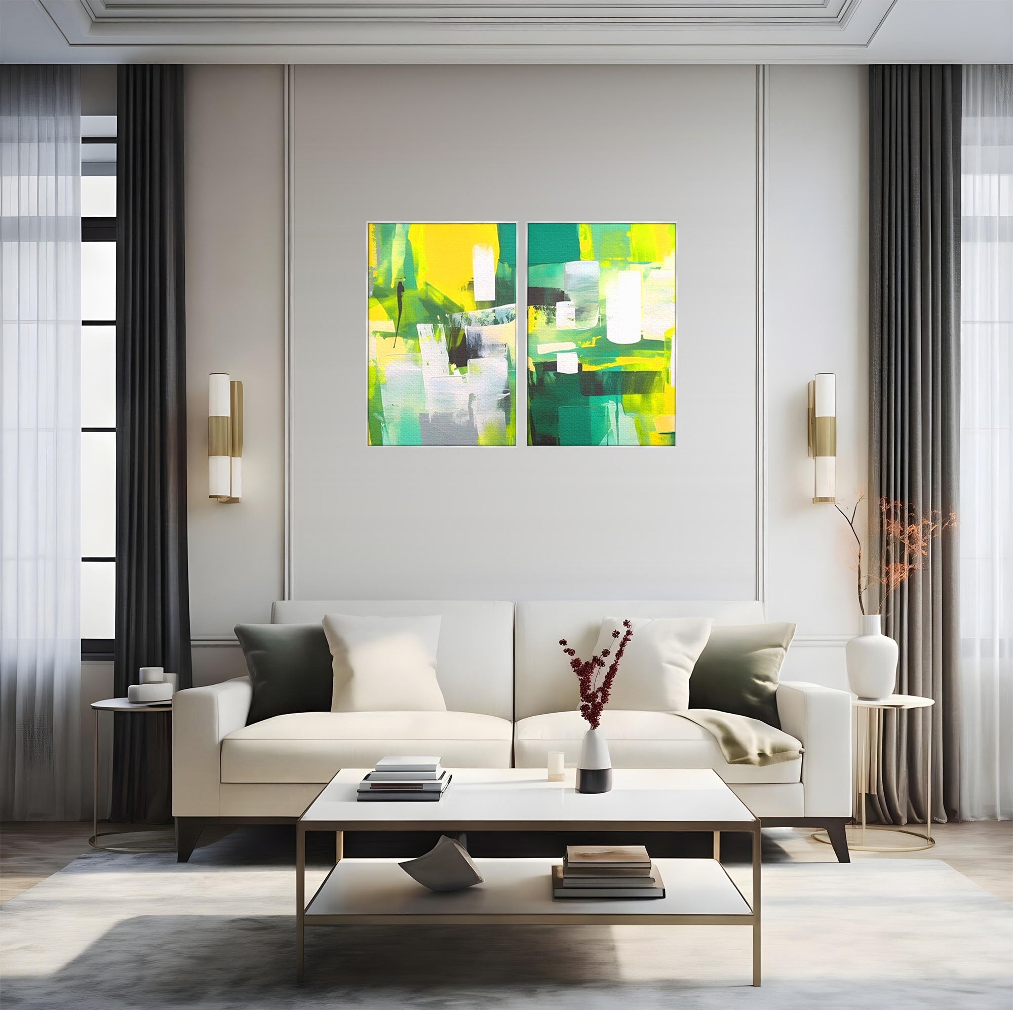 Set 2 Tablouri Canvas Premium LuxCanva® A2-1388, Abstract Green, Living, Verde, Culoare, Arta Moderna, Dormitor, Culori Vibrante