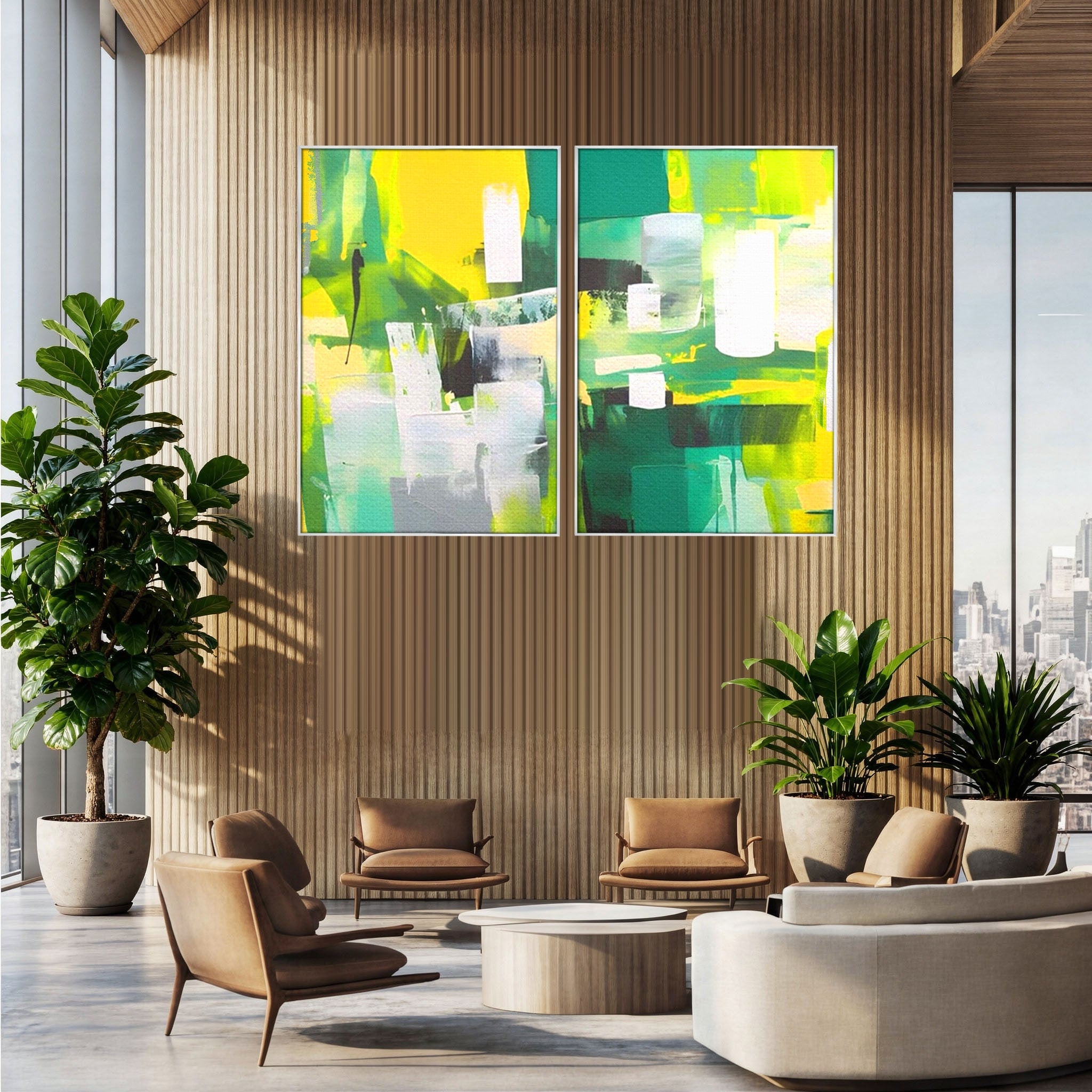 Set 2 Tablouri Canvas Premium LuxCanva® A2-1388, Abstract Green, Living, Verde, Culoare, Arta Moderna, Dormitor, Culori Vibrante