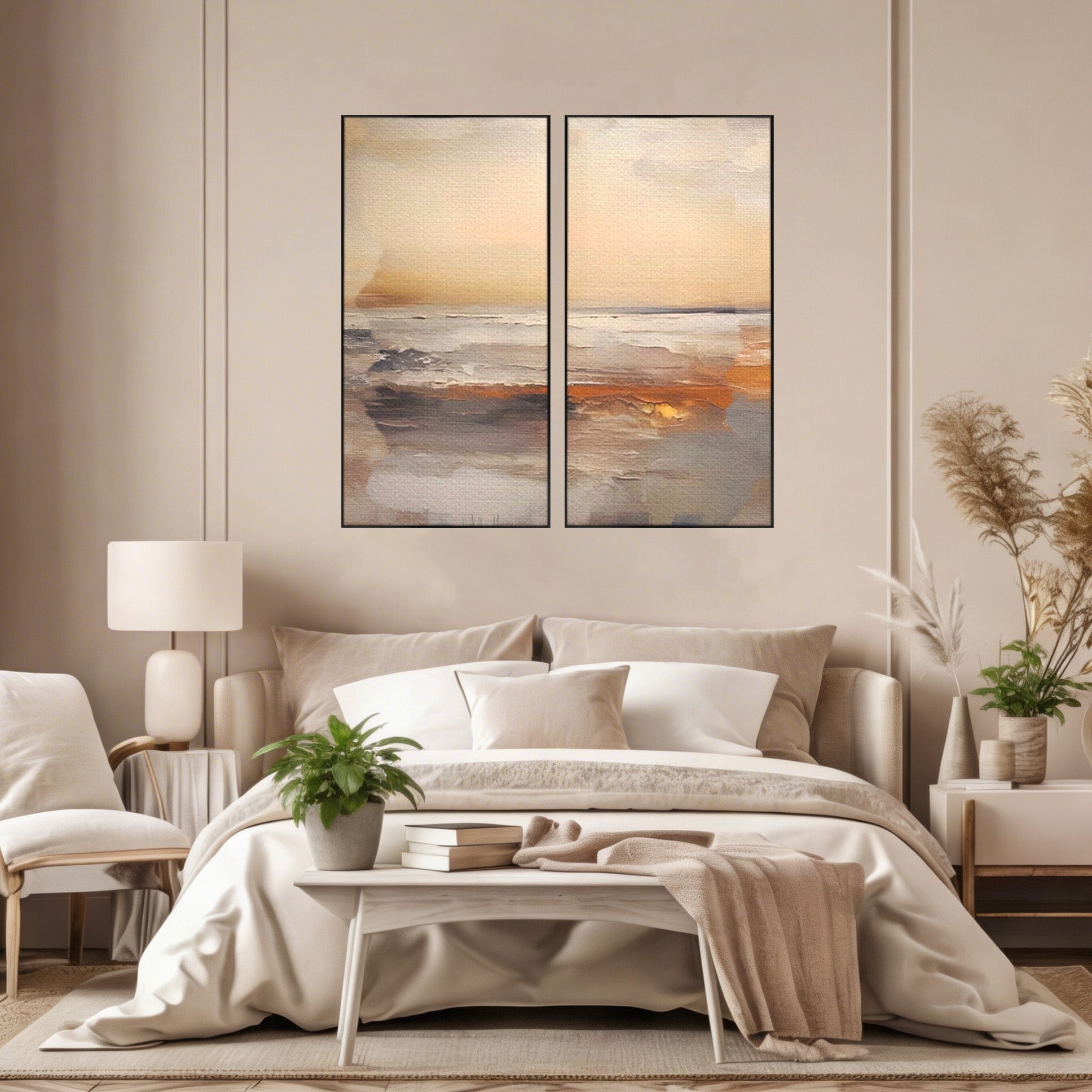 Set 2 Tablouri Canvas Premium LuxCanva® A2-1418, Gold Waves, Living Room, Valuri, Mare, Apa, Nisip, Decorativ, Culori Vibrante