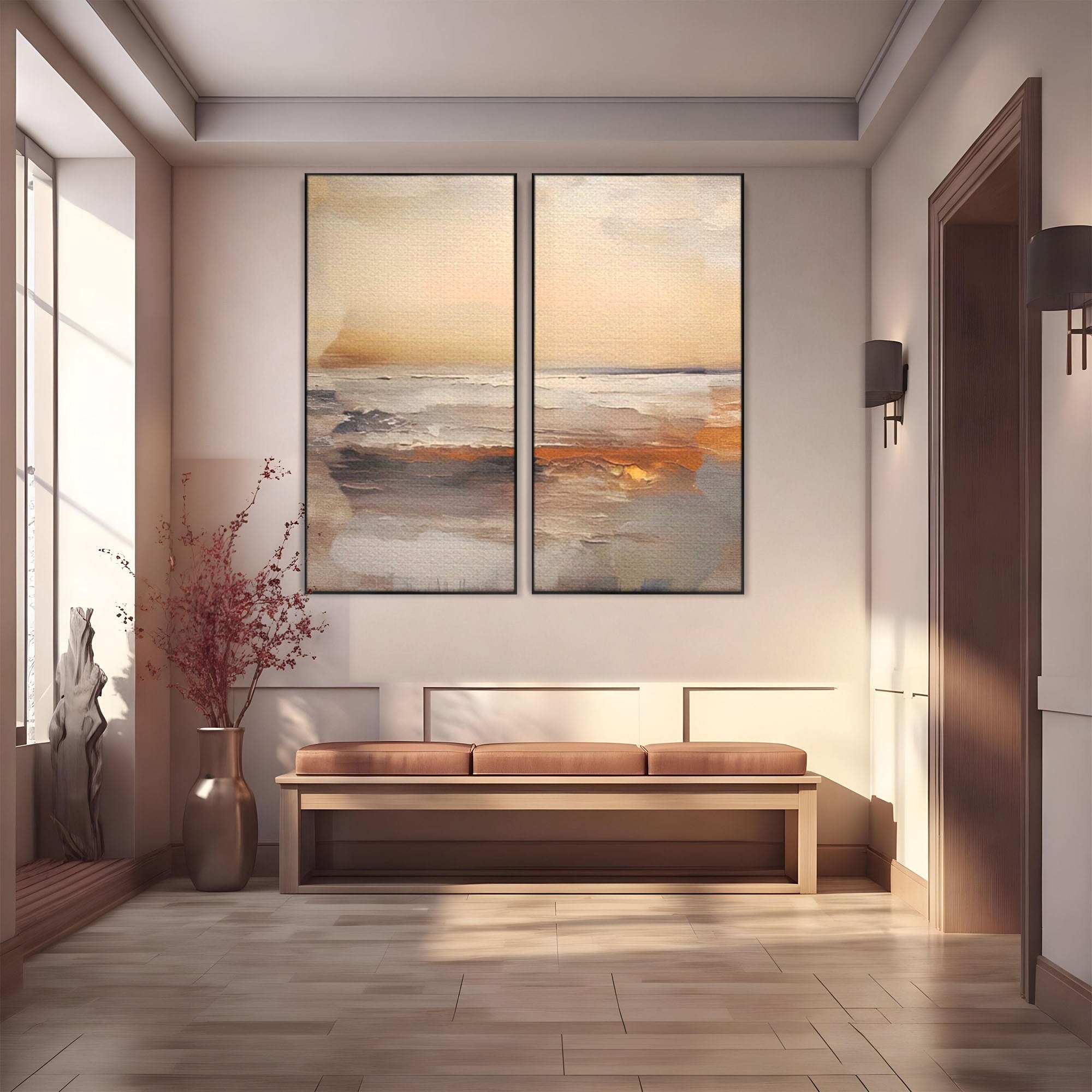 Set 2 Tablouri Canvas Premium LuxCanva® A2-1418, Gold Waves, Living Room, Valuri, Mare, Apa, Nisip, Decorativ, Culori Vibrante