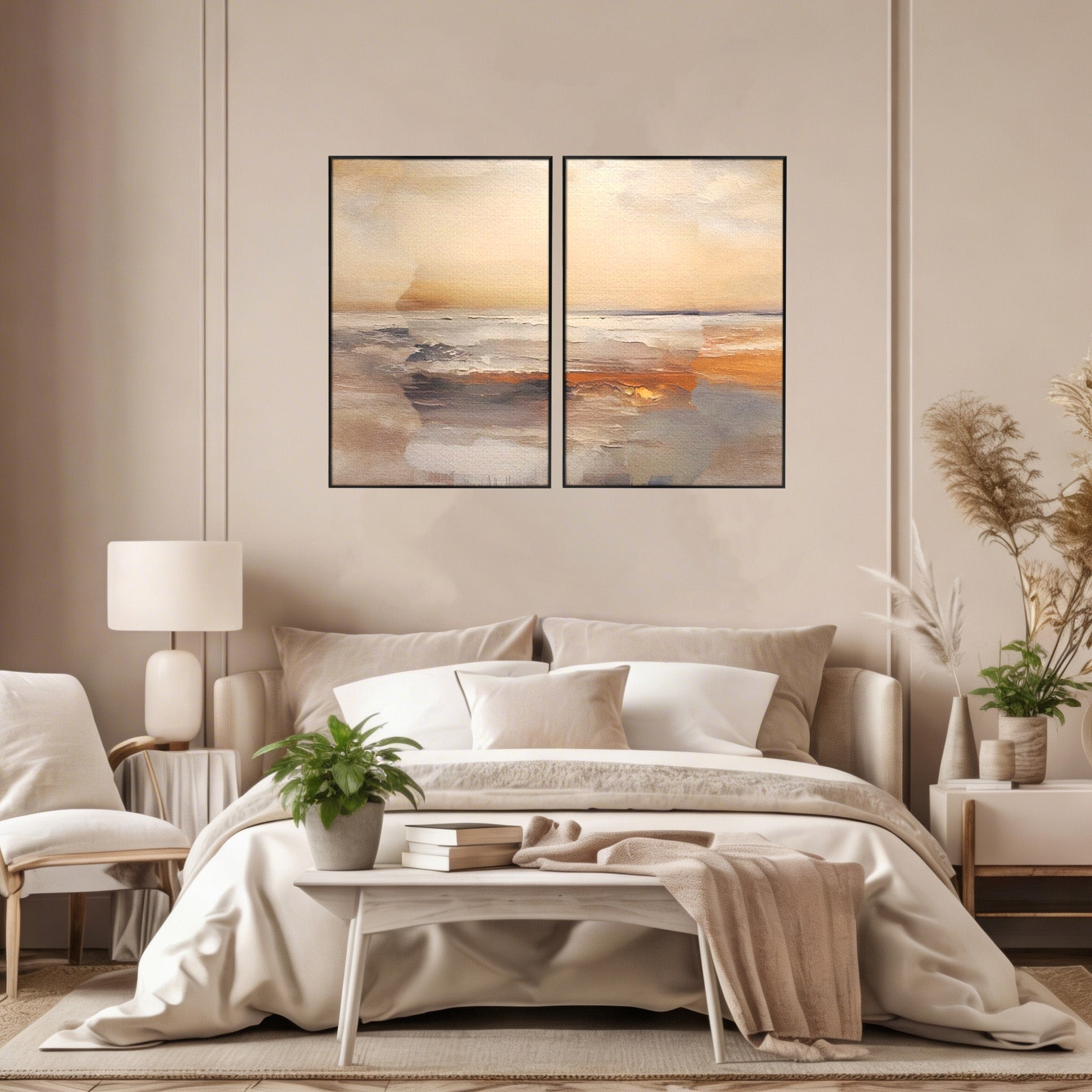 Set 2 Tablouri Canvas Premium LuxCanva® A2-1418, Gold Waves, Living Room, Valuri, Mare, Apa, Nisip, Decorativ, Culori Vibrante