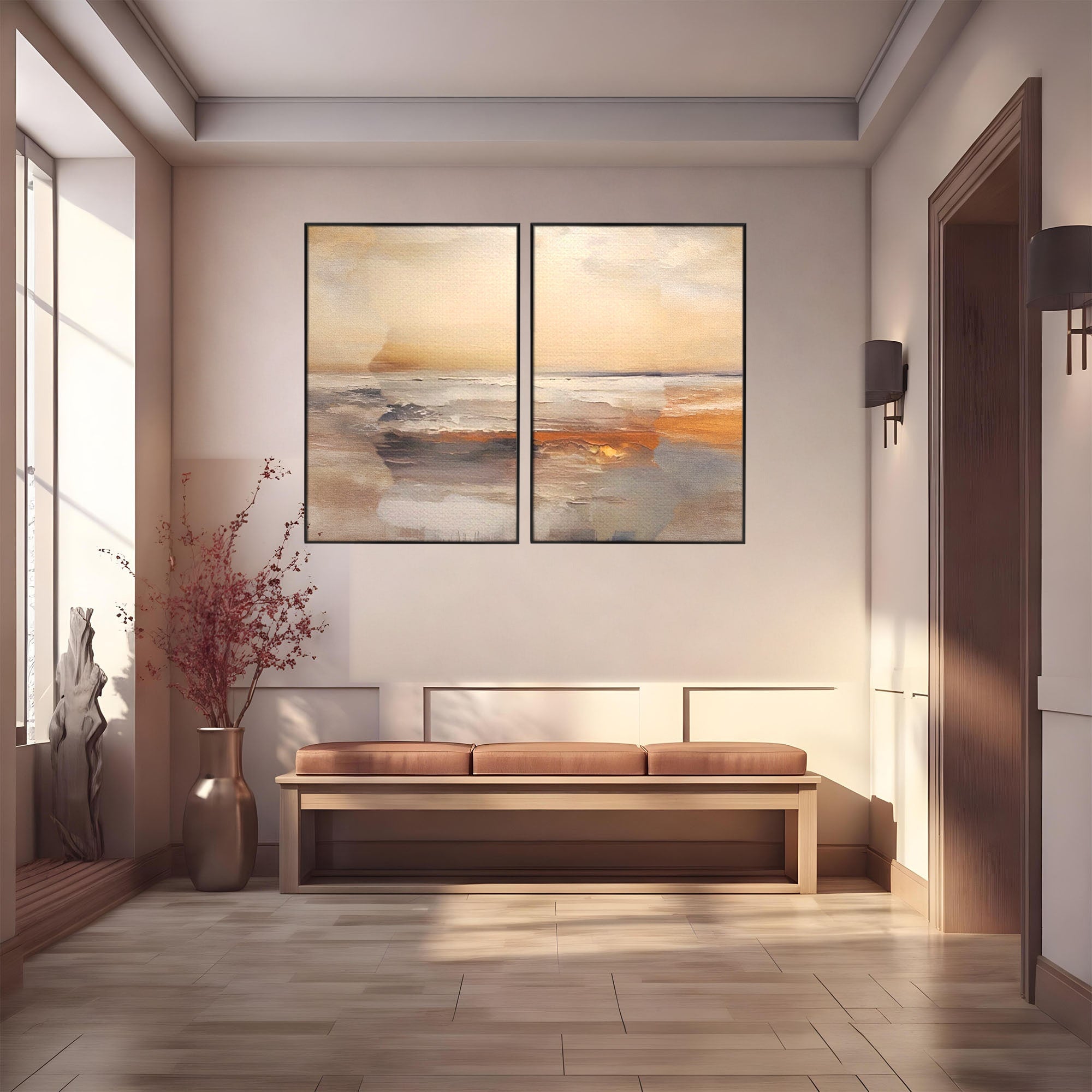 Set 2 Tablouri Canvas Premium LuxCanva® A2-1418, Gold Waves, Living Room, Valuri, Mare, Apa, Nisip, Decorativ, Culori Vibrante