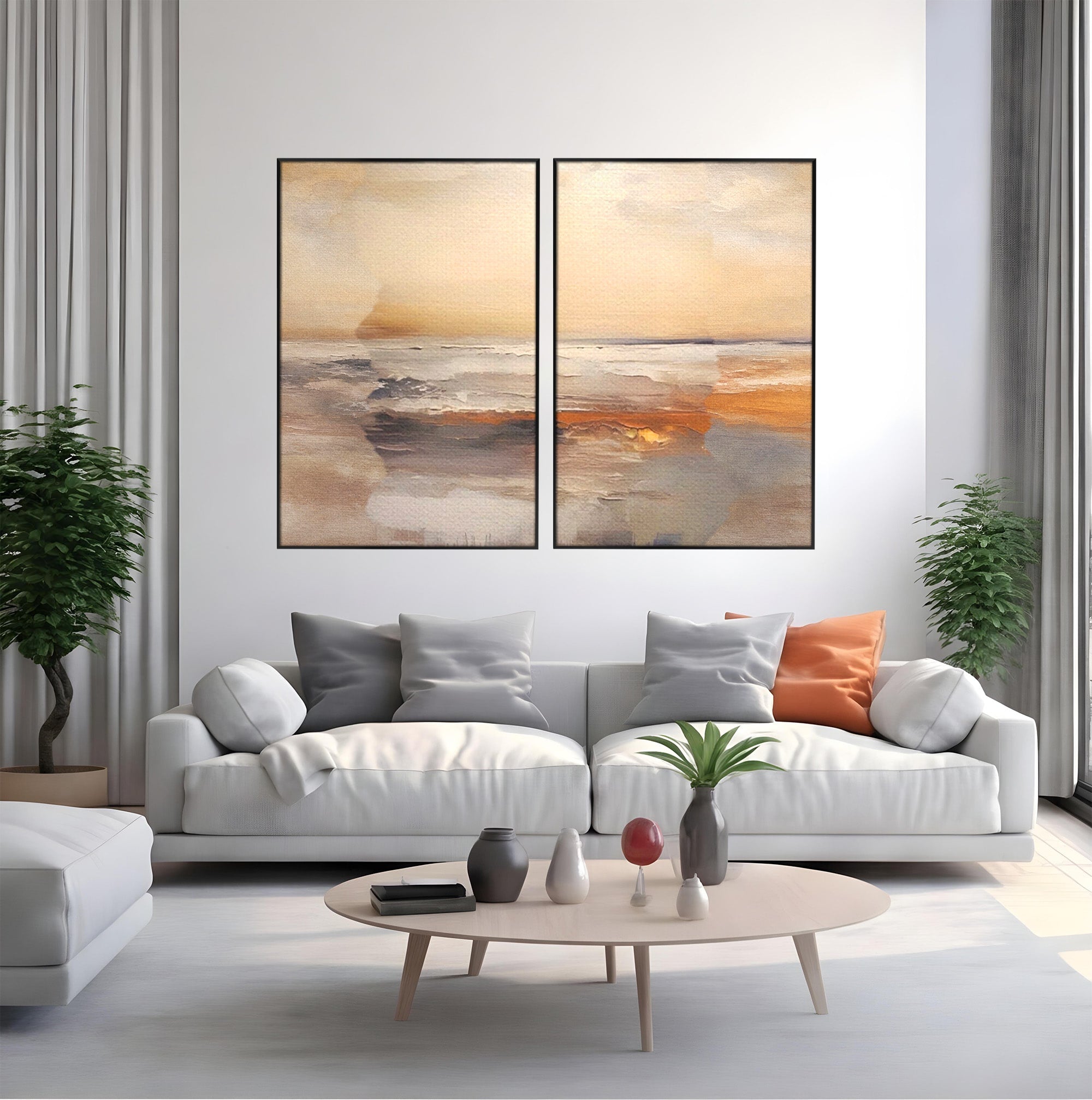 Set 2 Tablouri Canvas Premium LuxCanva® A2-1418, Gold Waves, Living Room, Valuri, Mare, Apa, Nisip, Decorativ, Culori Vibrante