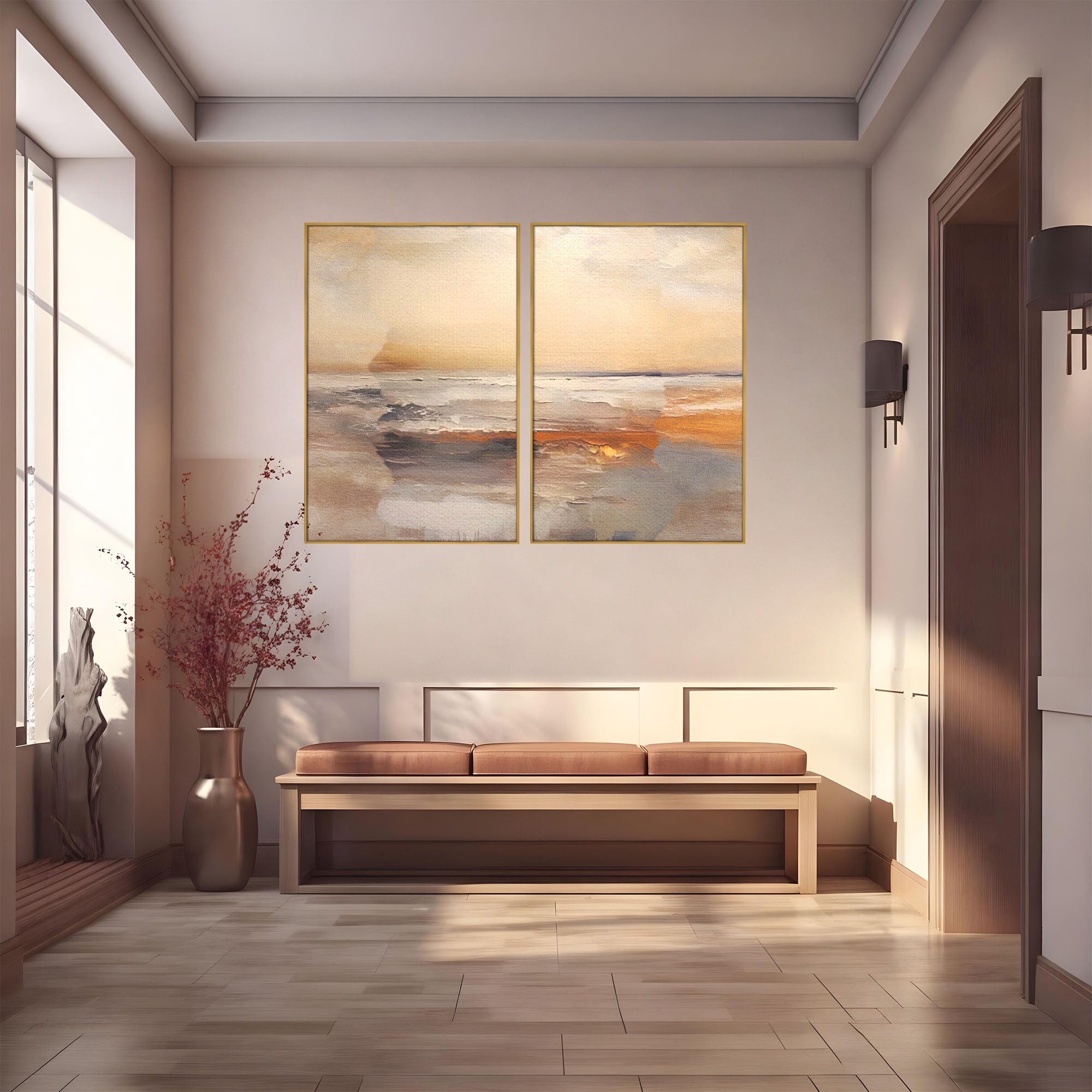 Set 2 Tablouri Canvas Premium LuxCanva® A2-1418, Gold Waves, Living Room, Valuri, Mare, Apa, Nisip, Decorativ, Culori Vibrante
