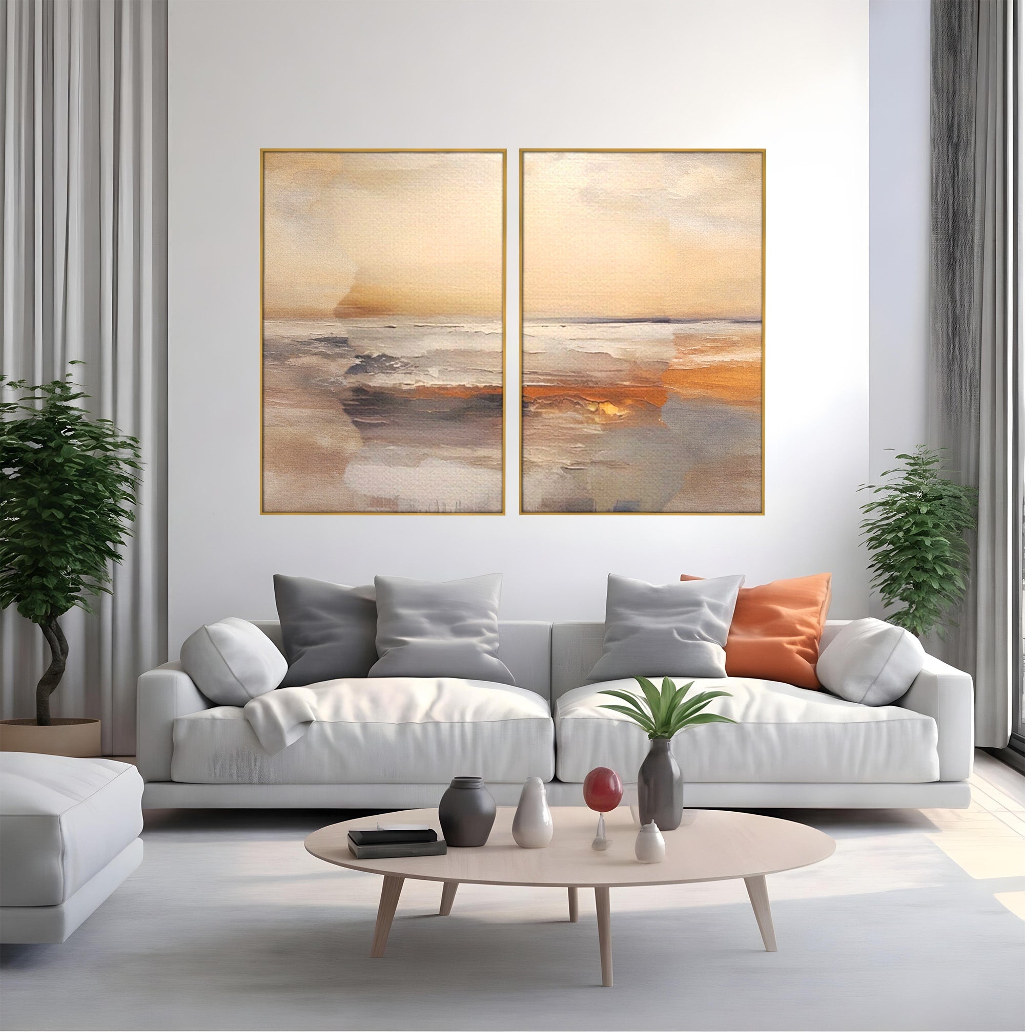 Set 2 Tablouri Canvas Premium LuxCanva® A2-1418, Gold Waves, Living Room, Valuri, Mare, Apa, Nisip, Decorativ, Culori Vibrante