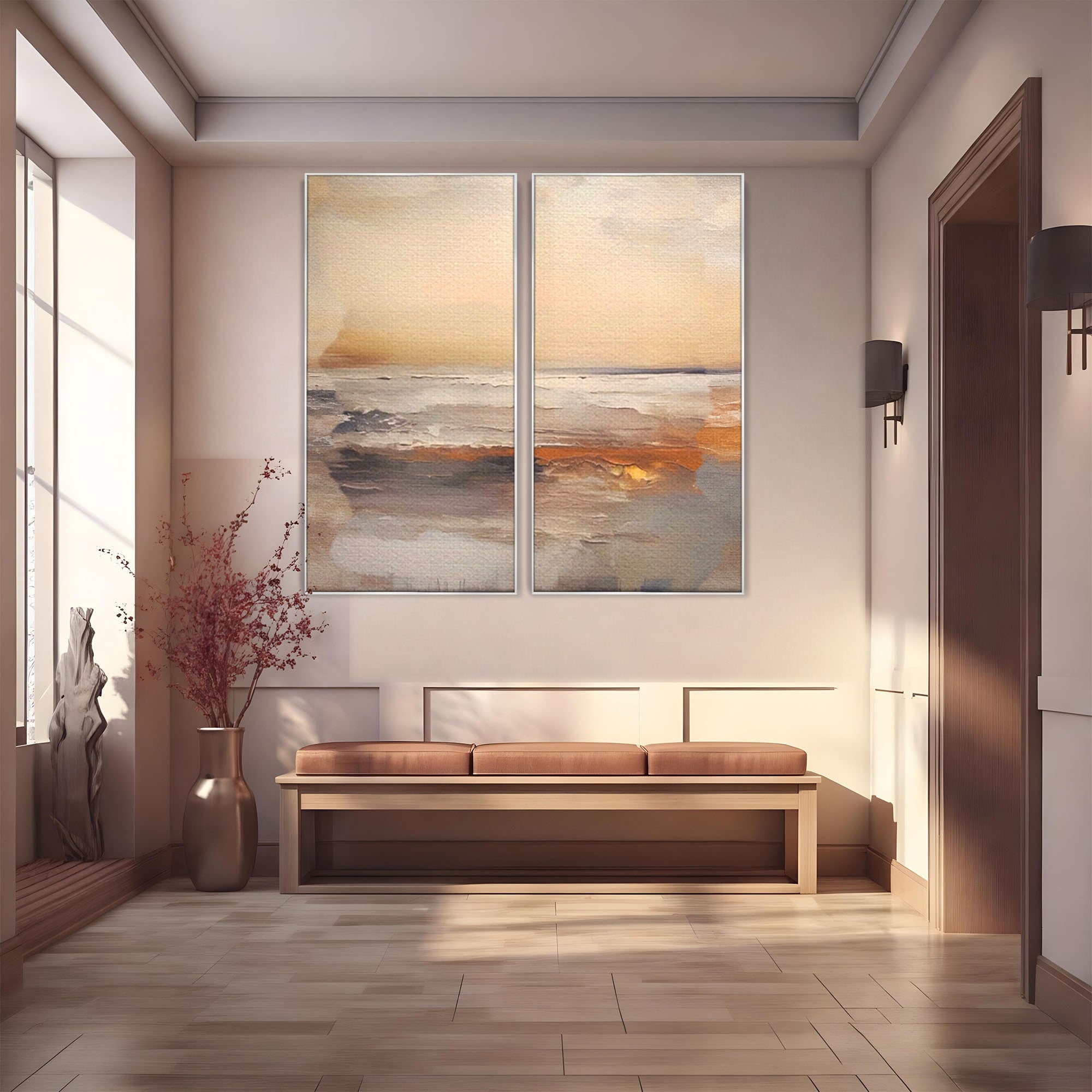 Set 2 Tablouri Canvas Premium LuxCanva® A2-1418, Gold Waves, Living Room, Valuri, Mare, Apa, Nisip, Decorativ, Culori Vibrante