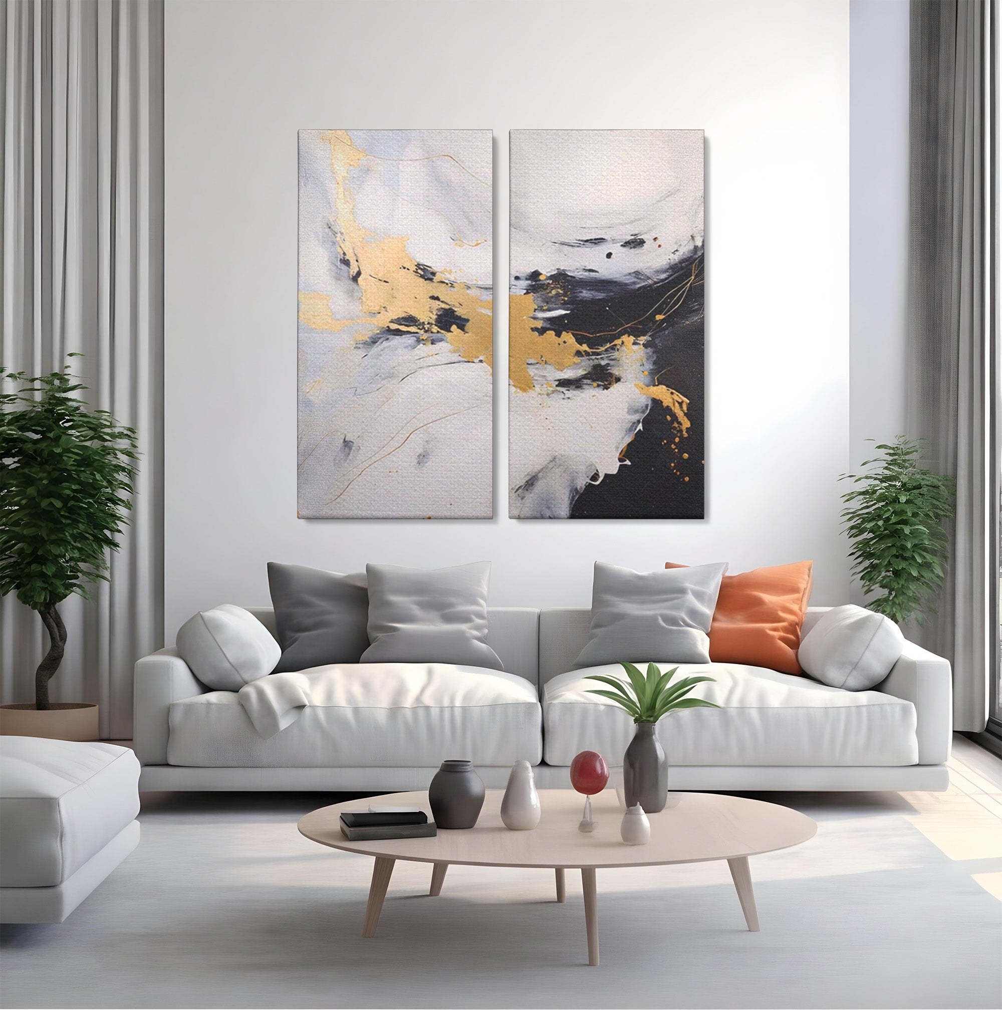 Set 2 Tablouri Canvas Premium LuxCanva® A2-1569, Armonia Abstractului, Room, Auriu, Marmura, Alb, Abstract, Living, Culori Vibrante