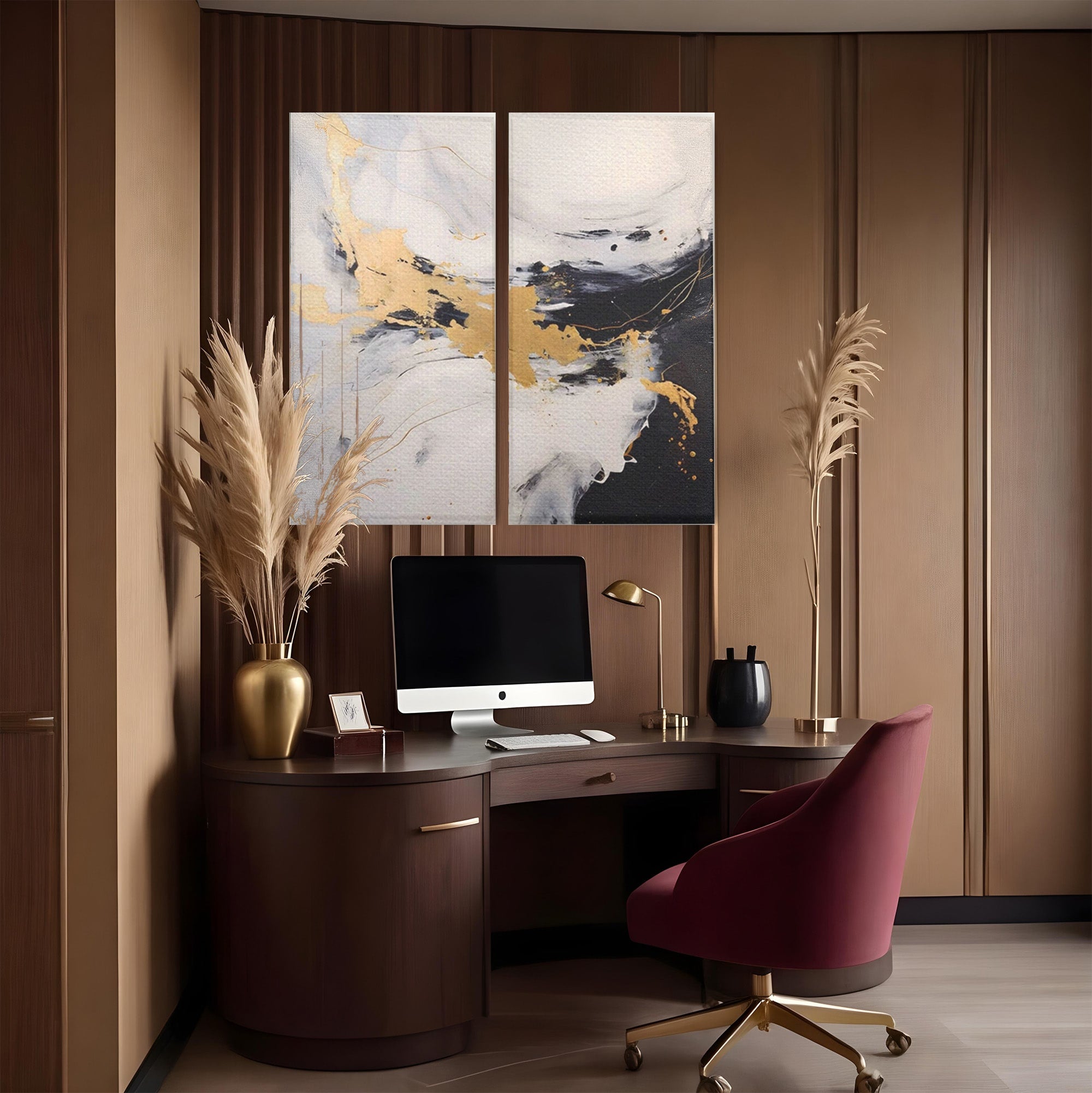 Set 2 Tablouri Canvas Premium LuxCanva® A2-1569, Armonia Abstractului, Room, Auriu, Marmura, Alb, Abstract, Living, Culori Vibrante