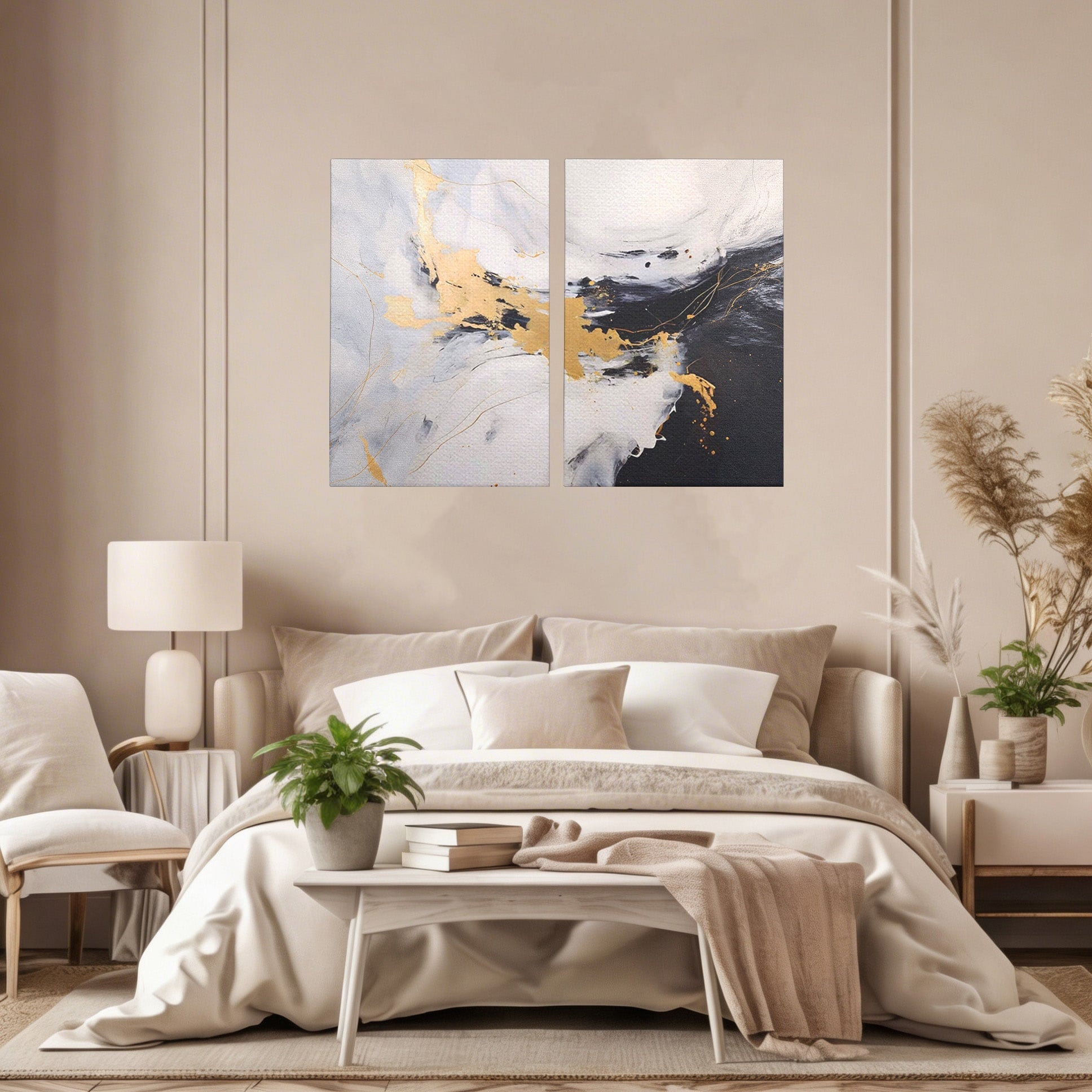 Set 2 Tablouri Canvas Premium LuxCanva® A2-1569, Armonia Abstractului, Room, Auriu, Marmura, Alb, Abstract, Living, Culori Vibrante