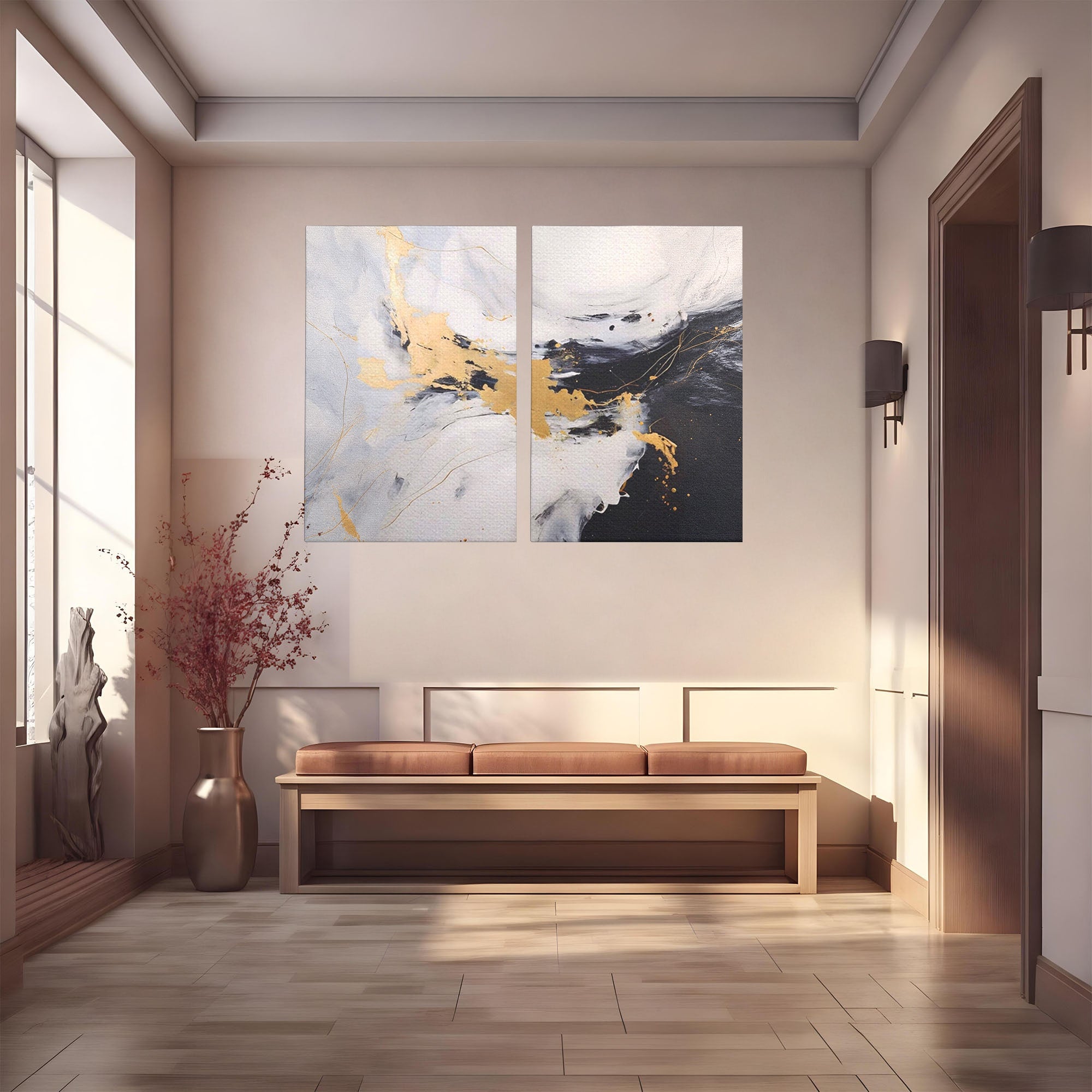 Set 2 Tablouri Canvas Premium LuxCanva® A2-1569, Armonia Abstractului, Room, Auriu, Marmura, Alb, Abstract, Living, Culori Vibrante