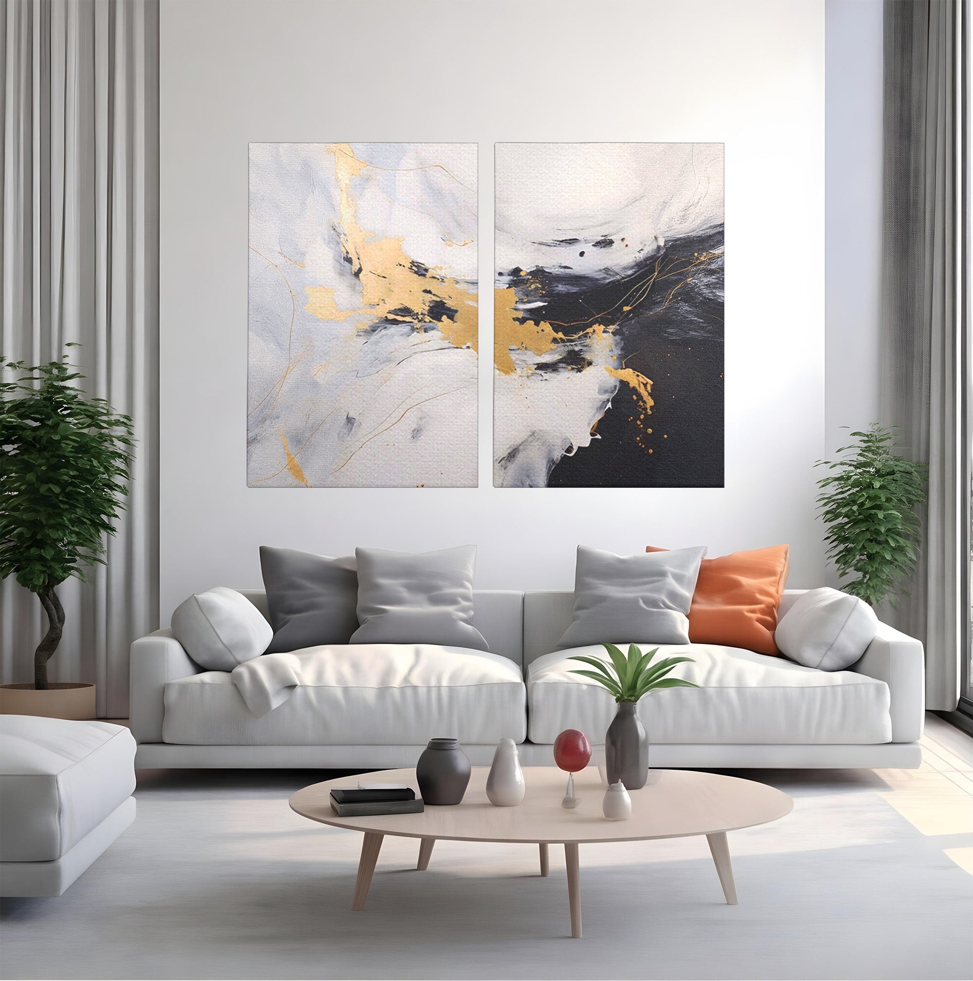 Set 2 Tablouri Canvas Premium LuxCanva® A2-1569, Armonia Abstractului, Room, Auriu, Marmura, Alb, Abstract, Living, Culori Vibrante
