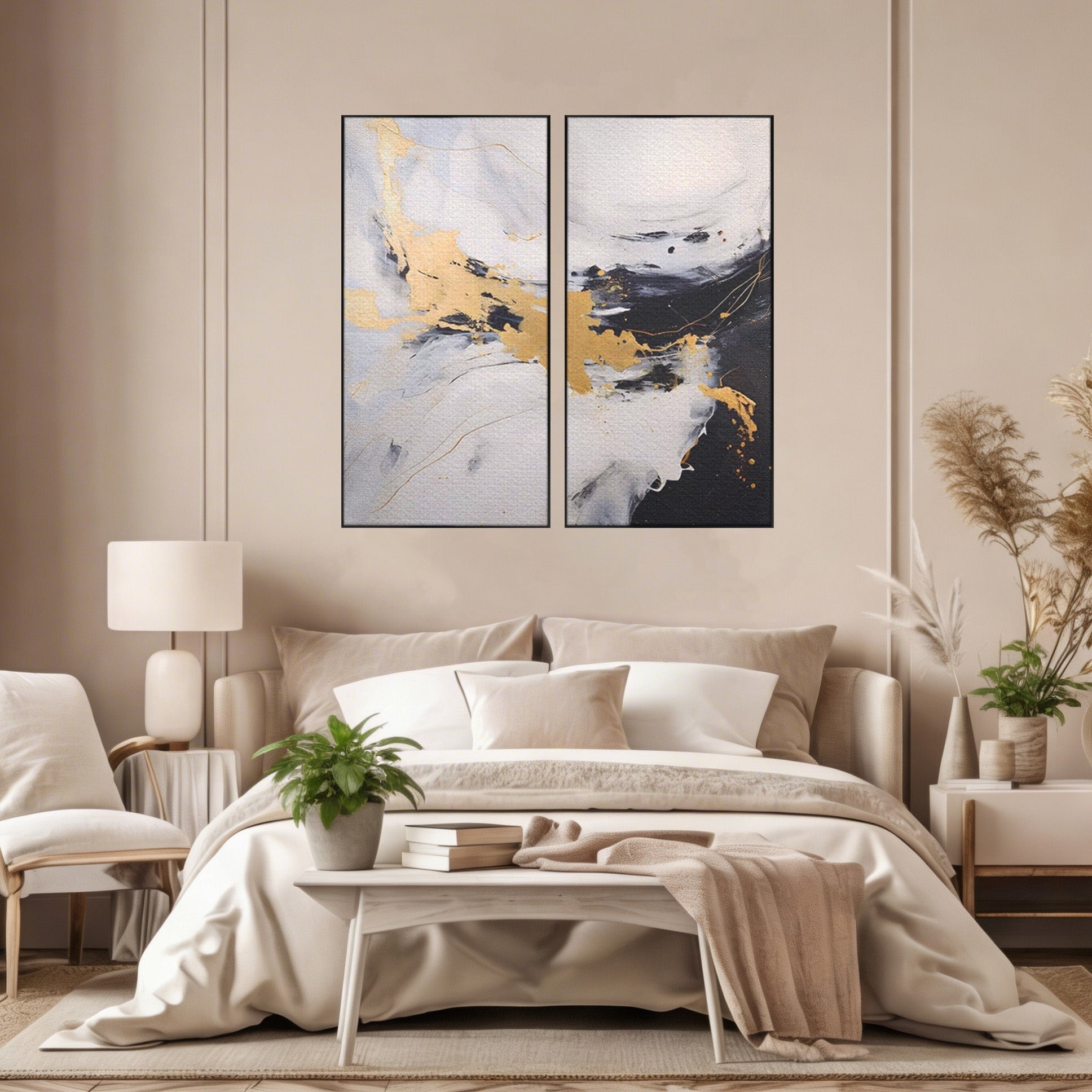 Set 2 Tablouri Canvas Premium LuxCanva® A2-1569, Armonia Abstractului, Room, Auriu, Marmura, Alb, Abstract, Living, Culori Vibrante