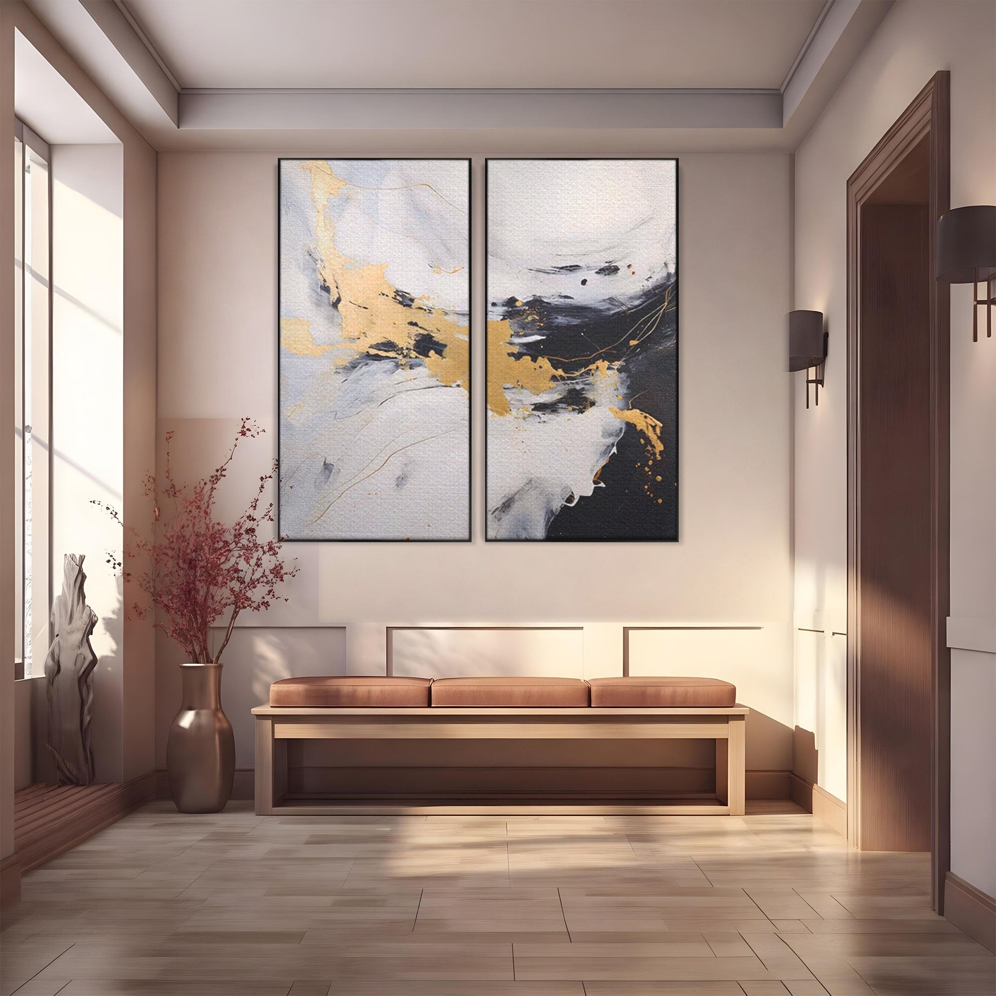 Set 2 Tablouri Canvas Premium LuxCanva® A2-1569, Armonia Abstractului, Room, Auriu, Marmura, Alb, Abstract, Living, Culori Vibrante