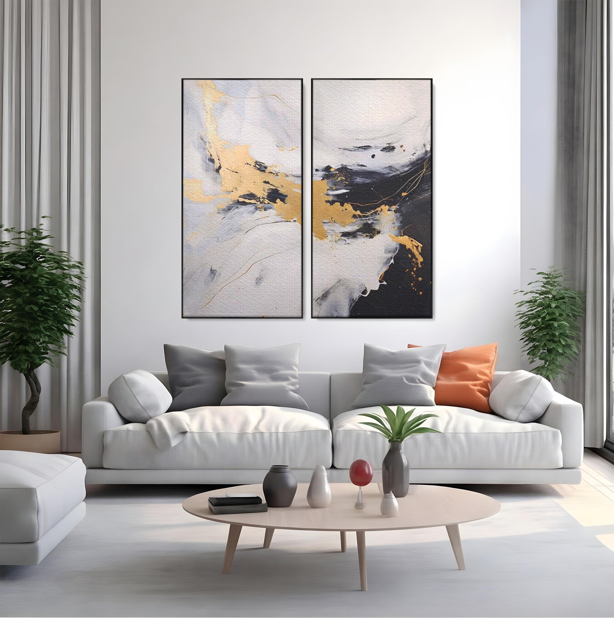 Set 2 Tablouri Canvas Premium LuxCanva® A2-1569, Armonia Abstractului, Room, Auriu, Marmura, Alb, Abstract, Living, Culori Vibrante