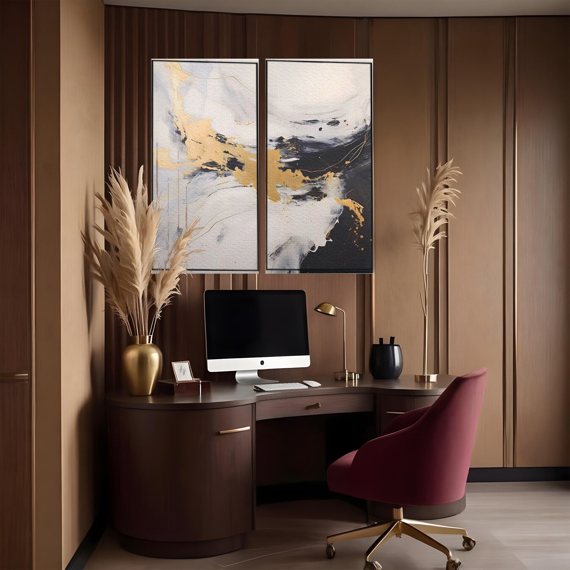 Set 2 Tablouri Canvas Premium LuxCanva® A2-1569, Armonia Abstractului, Room, Auriu, Marmura, Alb, Abstract, Living, Culori Vibrante