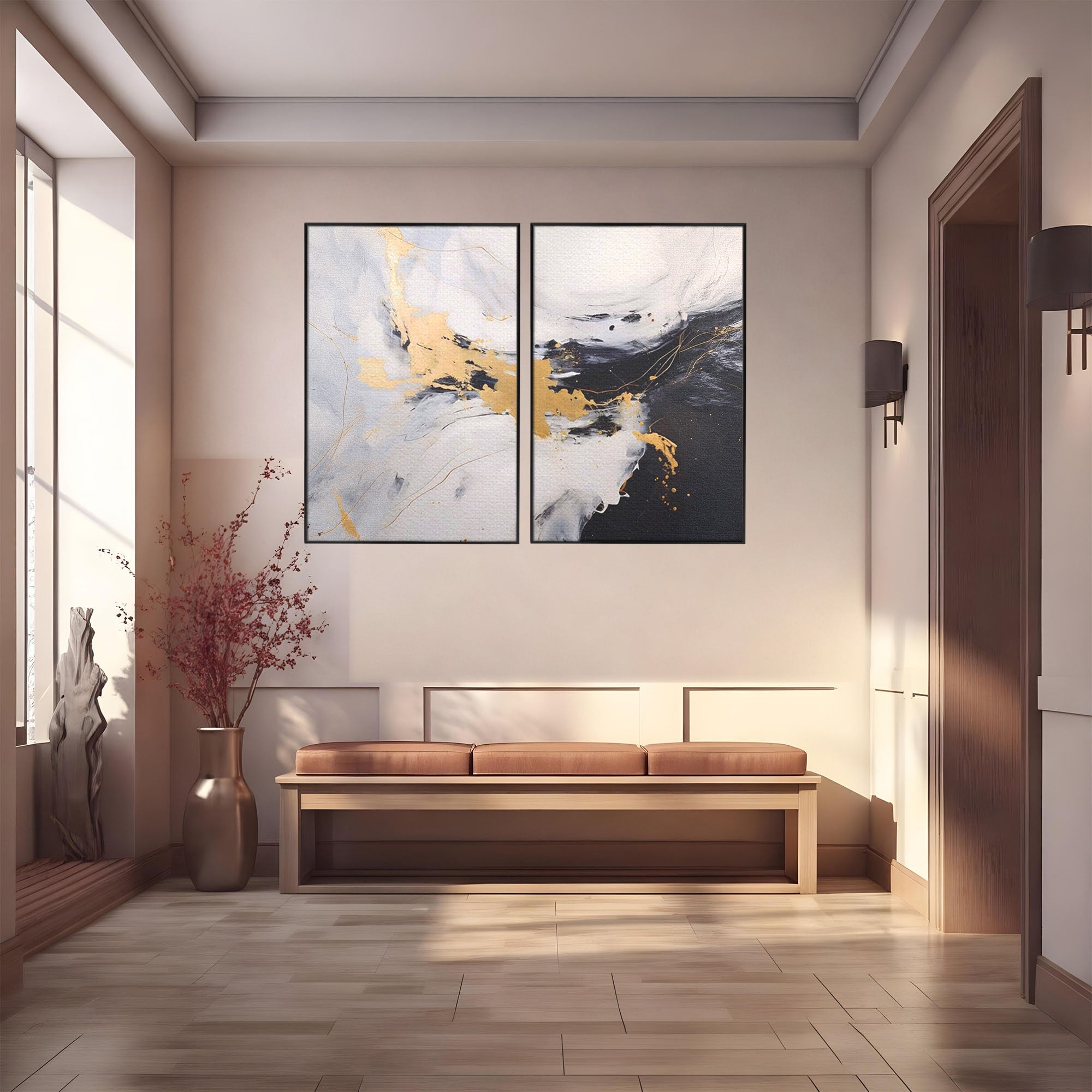 Set 2 Tablouri Canvas Premium LuxCanva® A2-1569, Armonia Abstractului, Room, Auriu, Marmura, Alb, Abstract, Living, Culori Vibrante
