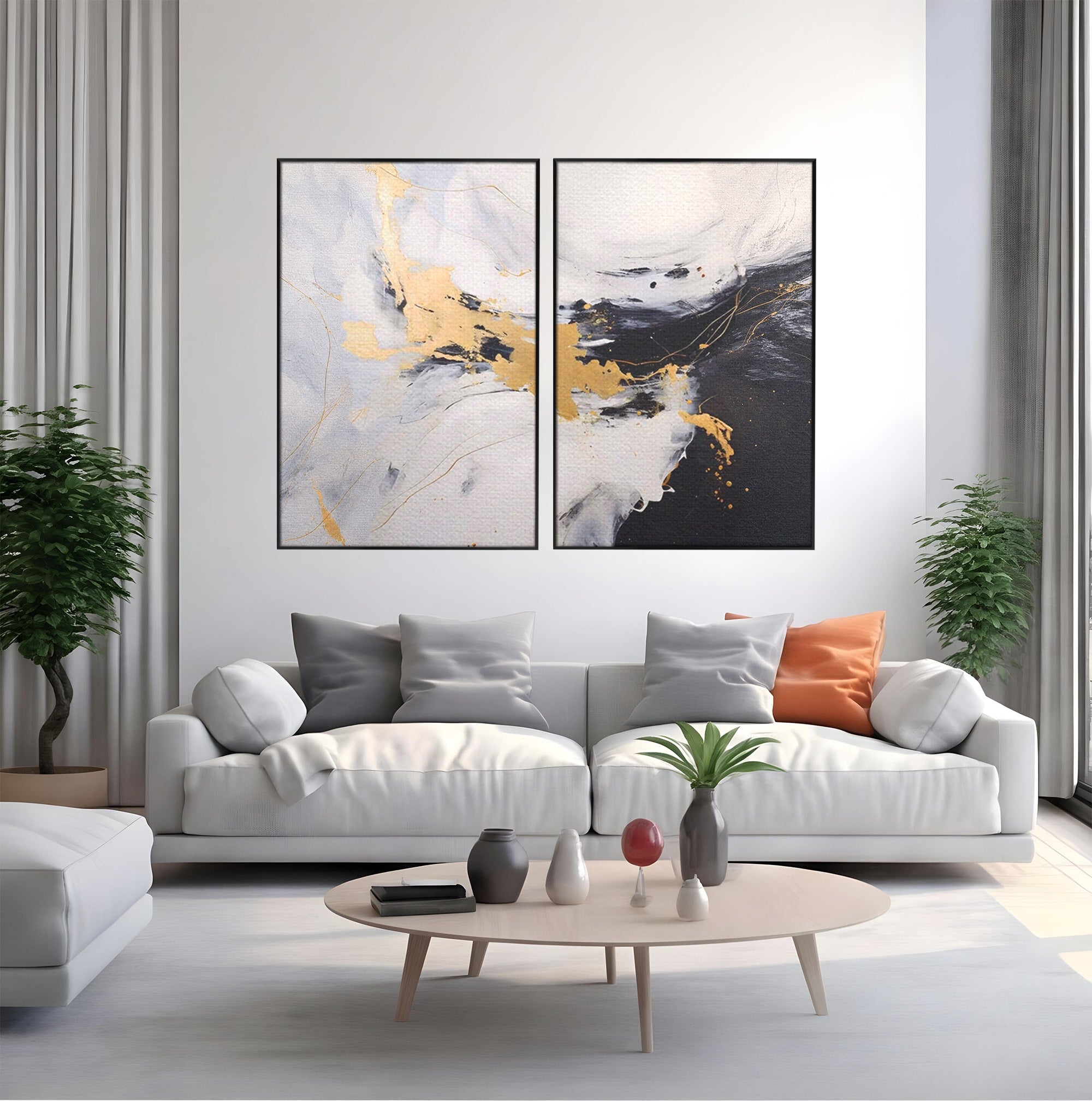 Set 2 Tablouri Canvas Premium LuxCanva® A2-1569, Armonia Abstractului, Room, Auriu, Marmura, Alb, Abstract, Living, Culori Vibrante