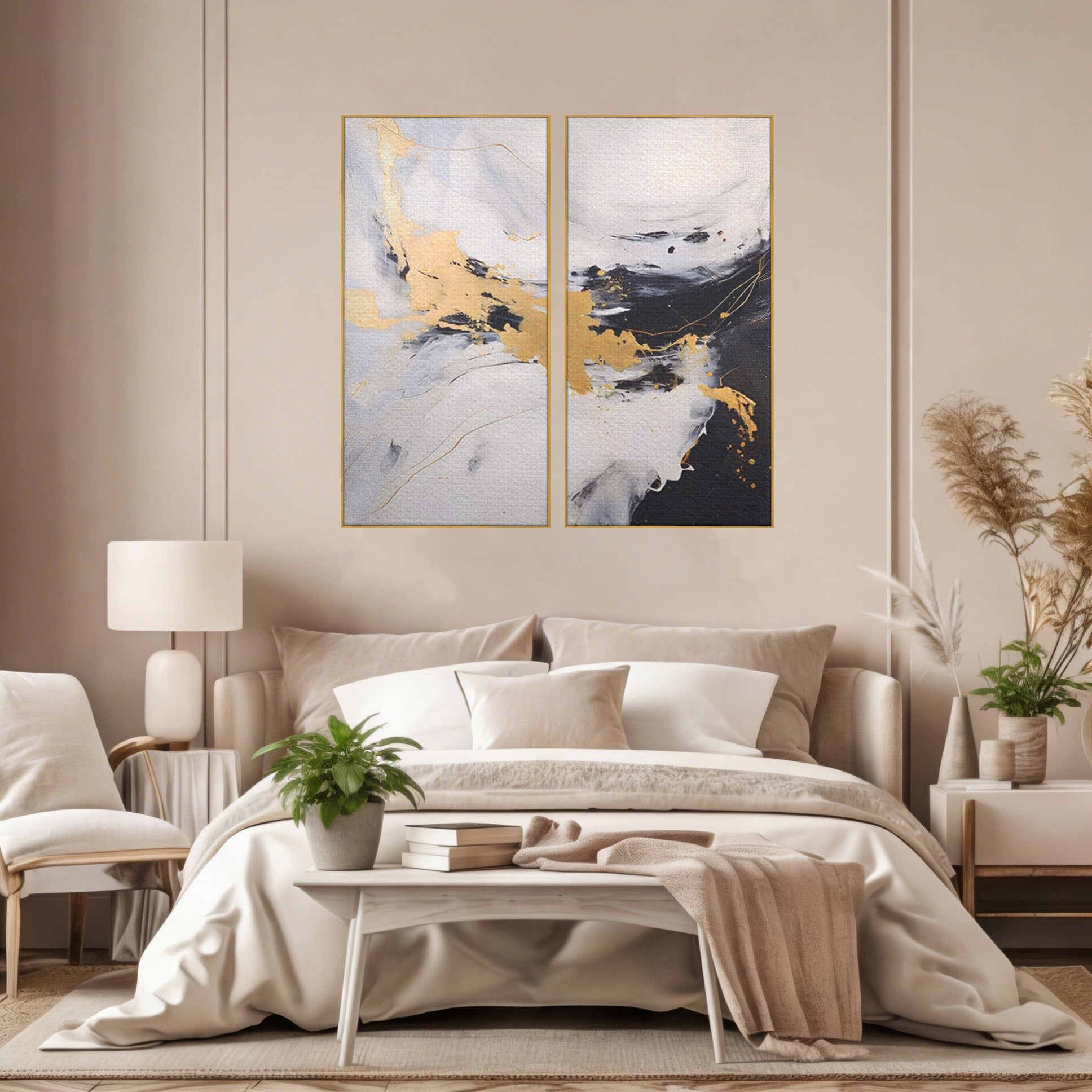 Set 2 Tablouri Canvas Premium LuxCanva® A2-1569, Armonia Abstractului, Room, Auriu, Marmura, Alb, Abstract, Living, Culori Vibrante