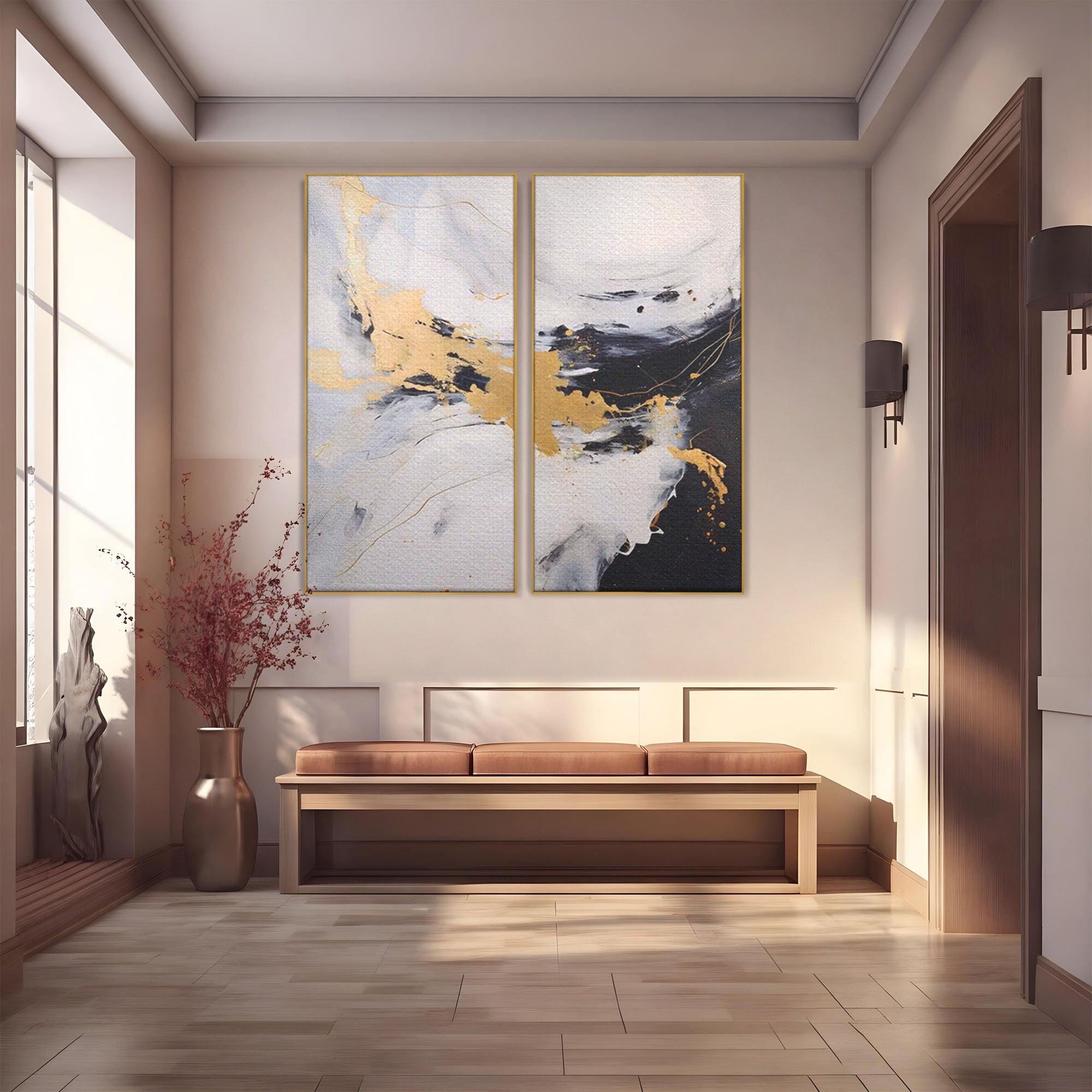 Set 2 Tablouri Canvas Premium LuxCanva® A2-1569, Armonia Abstractului, Room, Auriu, Marmura, Alb, Abstract, Living, Culori Vibrante