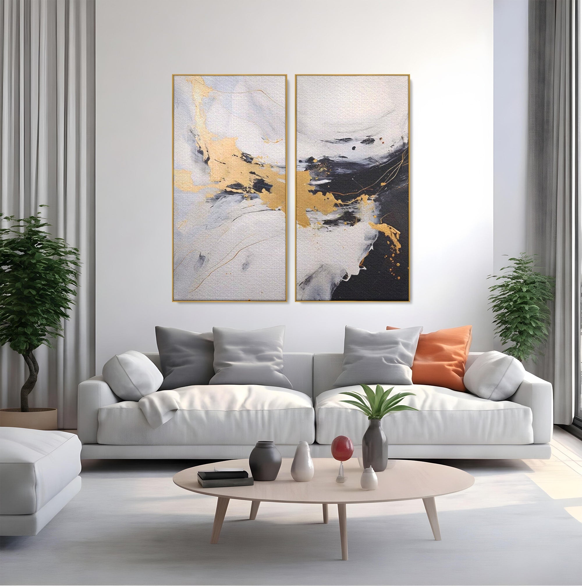 Set 2 Tablouri Canvas Premium LuxCanva® A2-1569, Armonia Abstractului, Room, Auriu, Marmura, Alb, Abstract, Living, Culori Vibrante