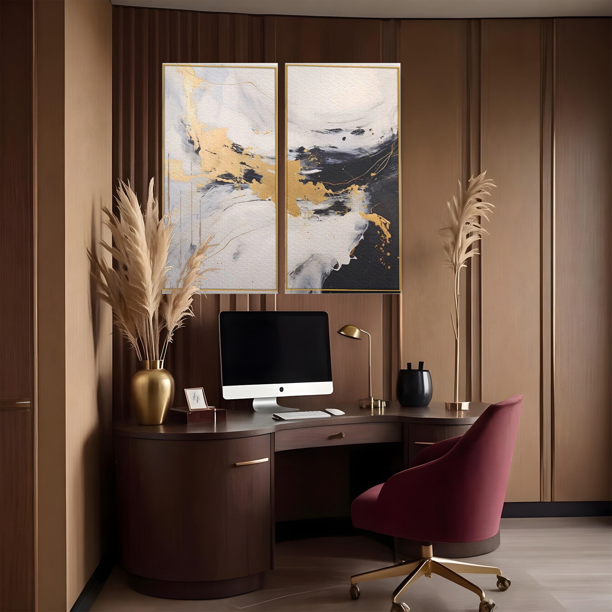 Set 2 Tablouri Canvas Premium LuxCanva® A2-1569, Armonia Abstractului, Room, Auriu, Marmura, Alb, Abstract, Living, Culori Vibrante