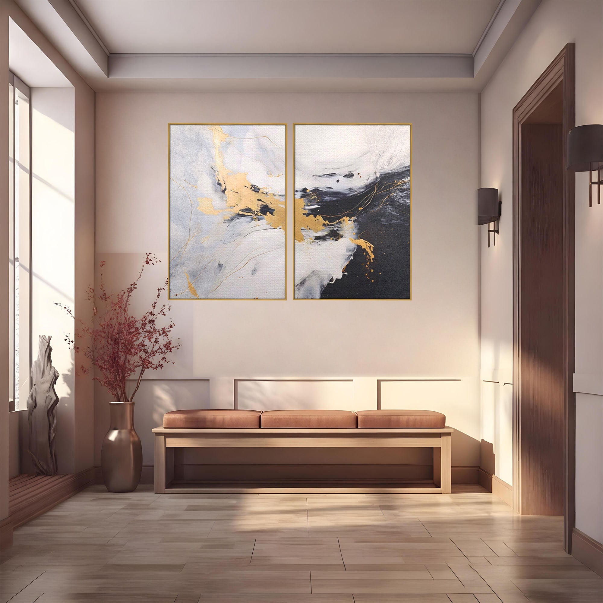Set 2 Tablouri Canvas Premium LuxCanva® A2-1569, Armonia Abstractului, Room, Auriu, Marmura, Alb, Abstract, Living, Culori Vibrante