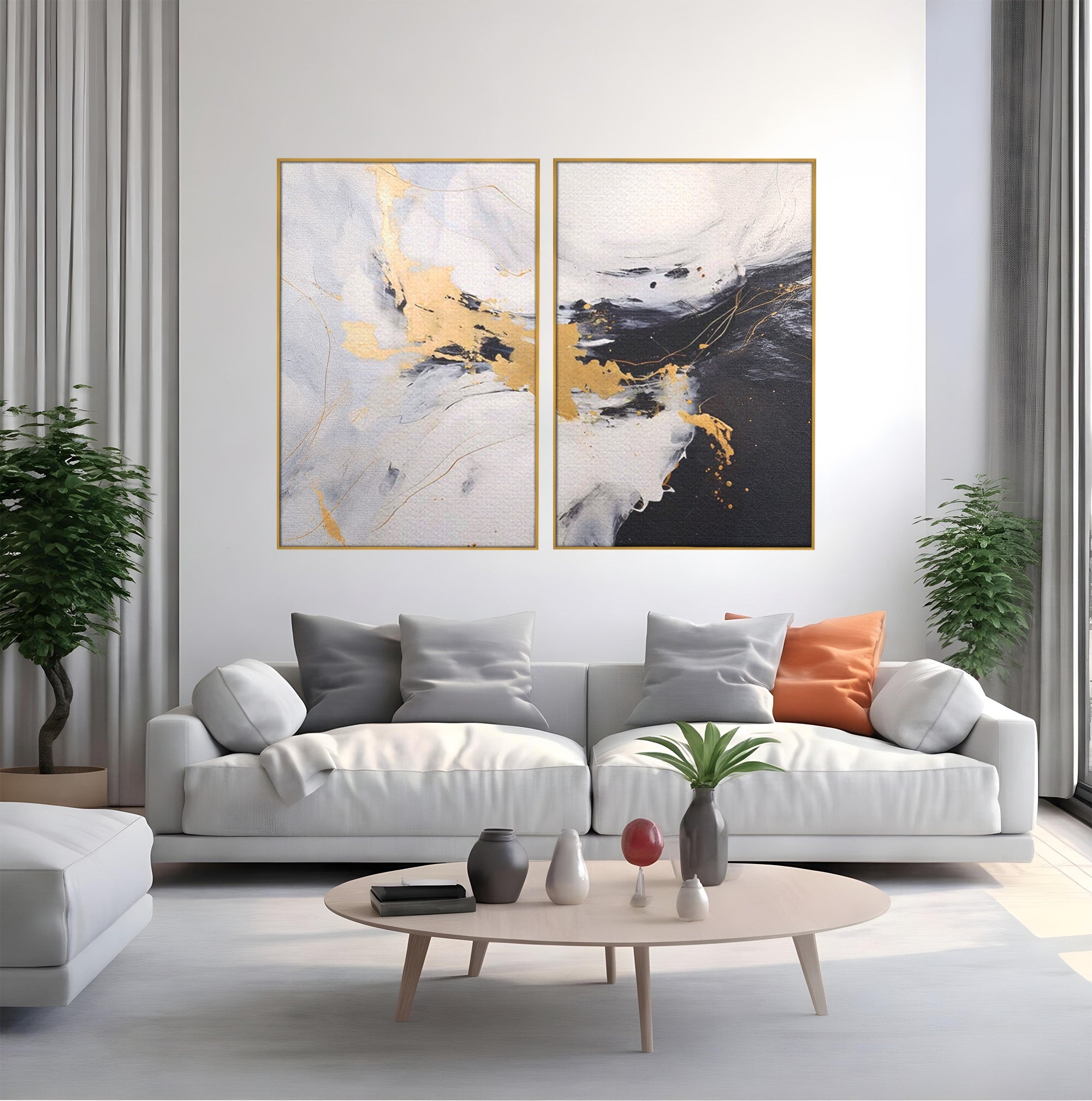 Set 2 Tablouri Canvas Premium LuxCanva® A2-1569, Armonia Abstractului, Room, Auriu, Marmura, Alb, Abstract, Living, Culori Vibrante