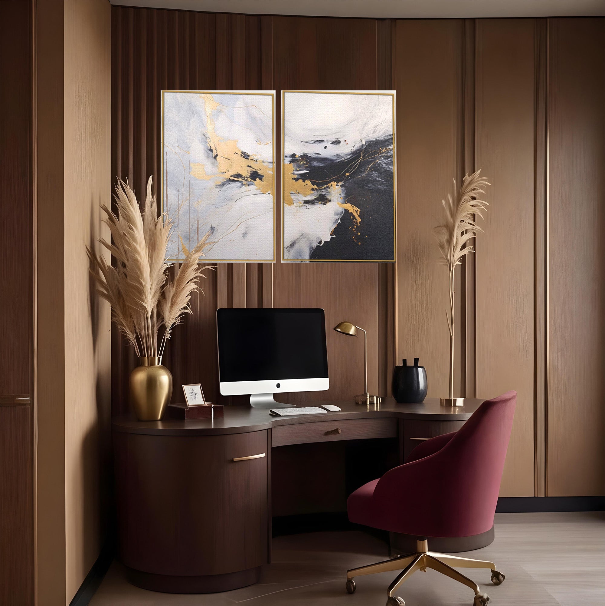 Set 2 Tablouri Canvas Premium LuxCanva® A2-1569, Armonia Abstractului, Room, Auriu, Marmura, Alb, Abstract, Living, Culori Vibrante