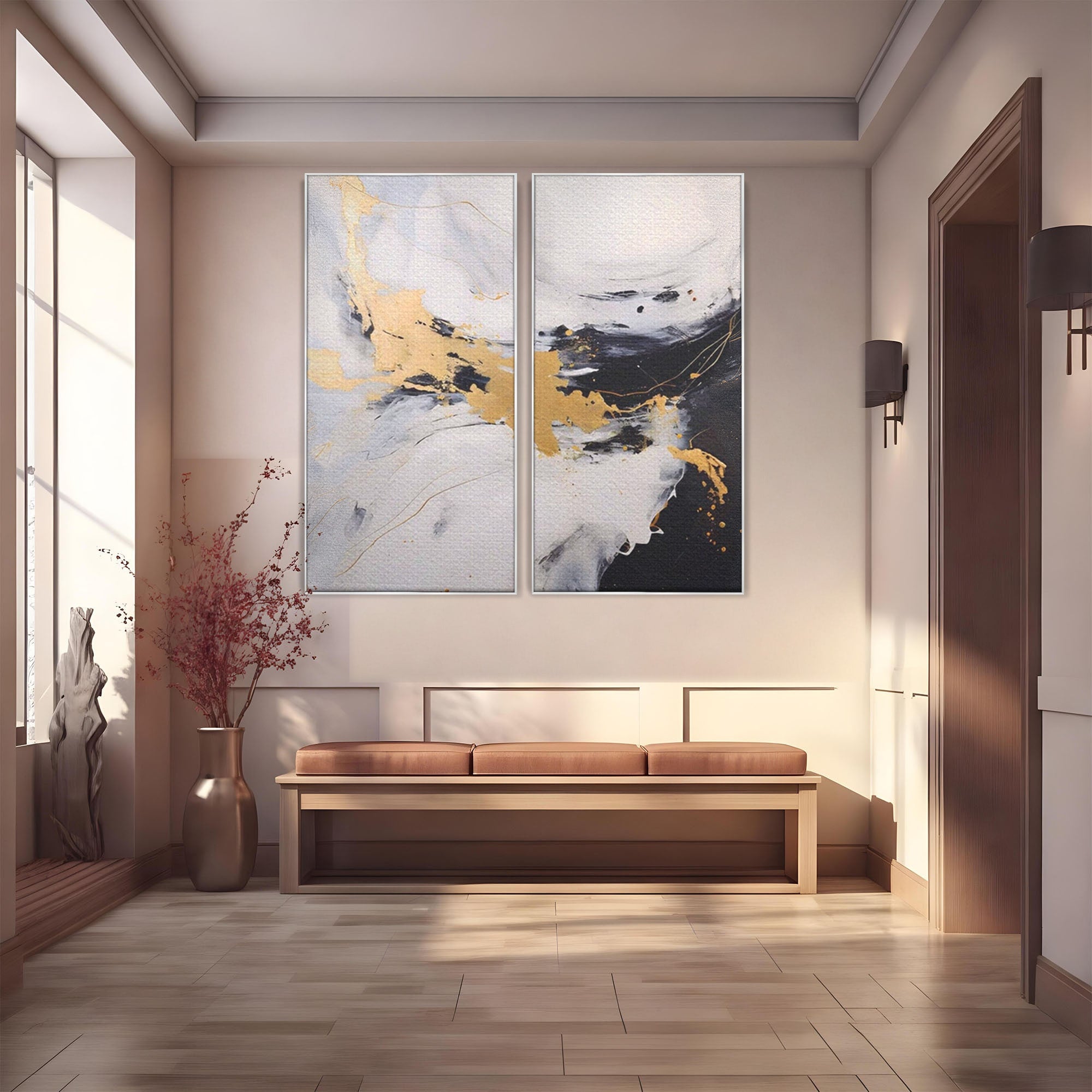 Set 2 Tablouri Canvas Premium LuxCanva® A2-1569, Armonia Abstractului, Room, Auriu, Marmura, Alb, Abstract, Living, Culori Vibrante