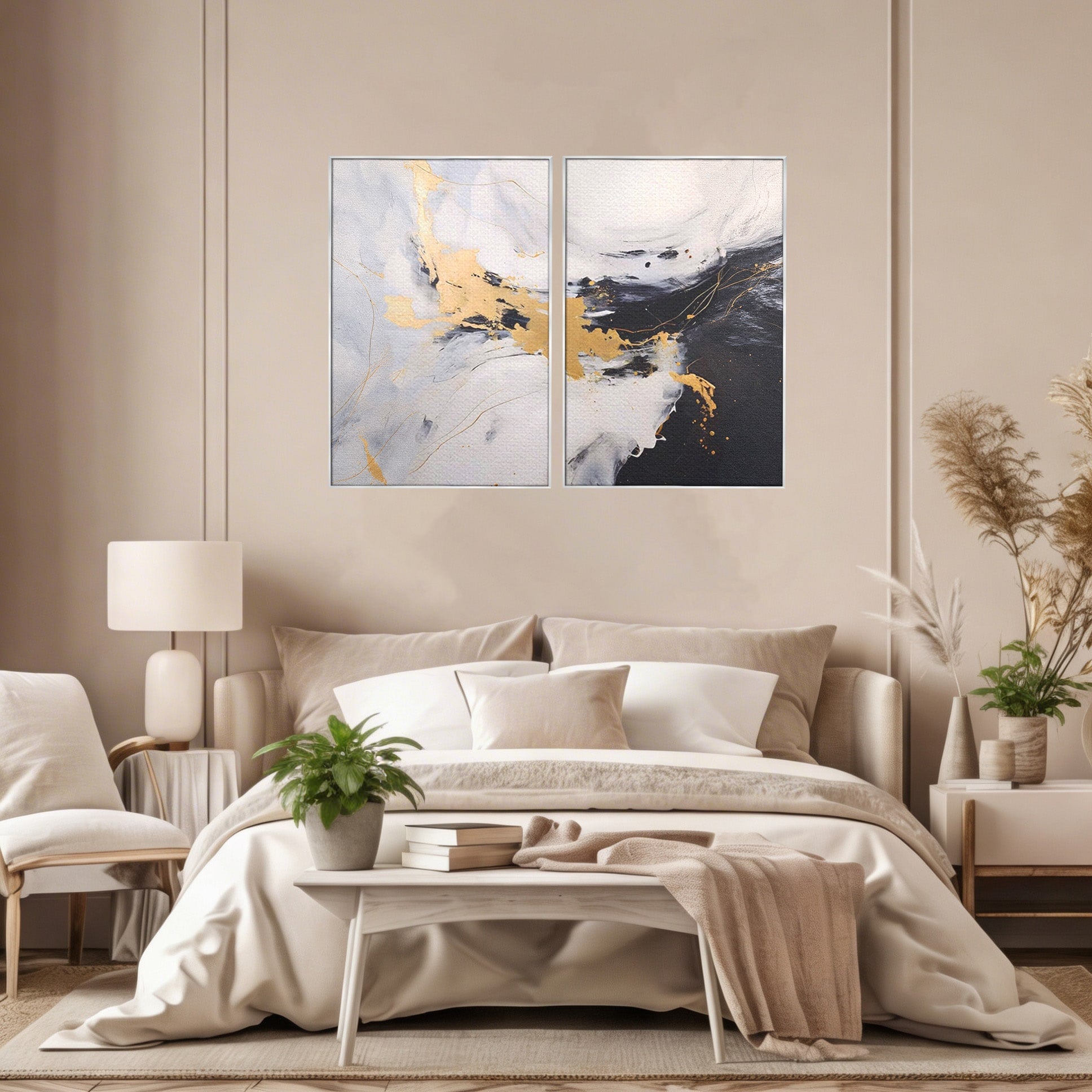 Set 2 Tablouri Canvas Premium LuxCanva® A2-1569, Armonia Abstractului, Room, Auriu, Marmura, Alb, Abstract, Living, Culori Vibrante