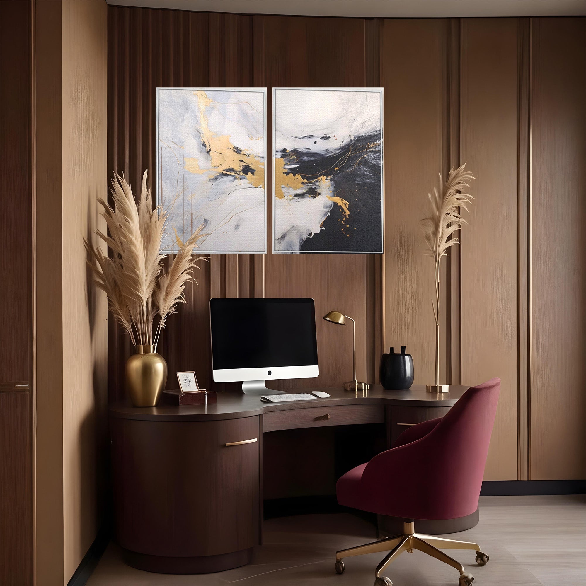 Set 2 Tablouri Canvas Premium LuxCanva® A2-1569, Armonia Abstractului, Room, Auriu, Marmura, Alb, Abstract, Living, Culori Vibrante