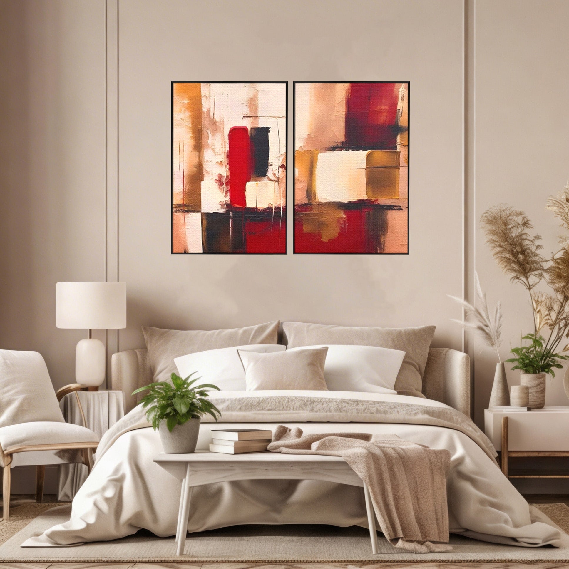 Set 2 Tablouri Canvas Premium LuxCanva® A2-1587, Red Squares, Room, Orizontal, Patrate, Decorativ, Abstract, Living, Culori Vibrante