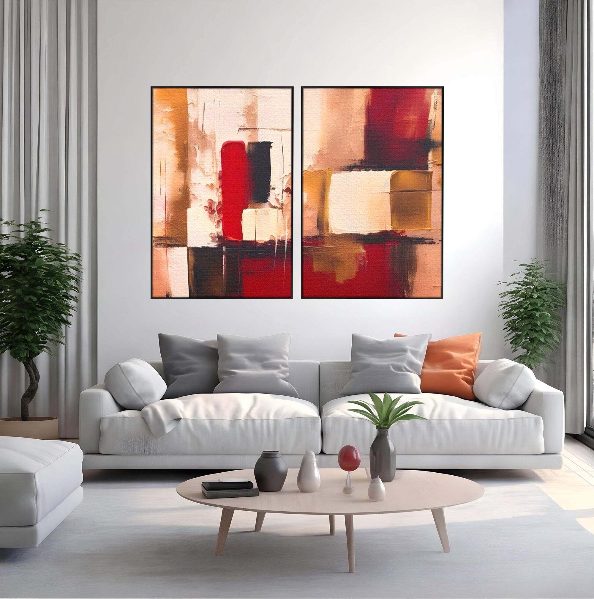 Set 2 Tablouri Canvas Premium LuxCanva® A2-1587, Red Squares, Room, Orizontal, Patrate, Decorativ, Abstract, Living, Culori Vibrante
