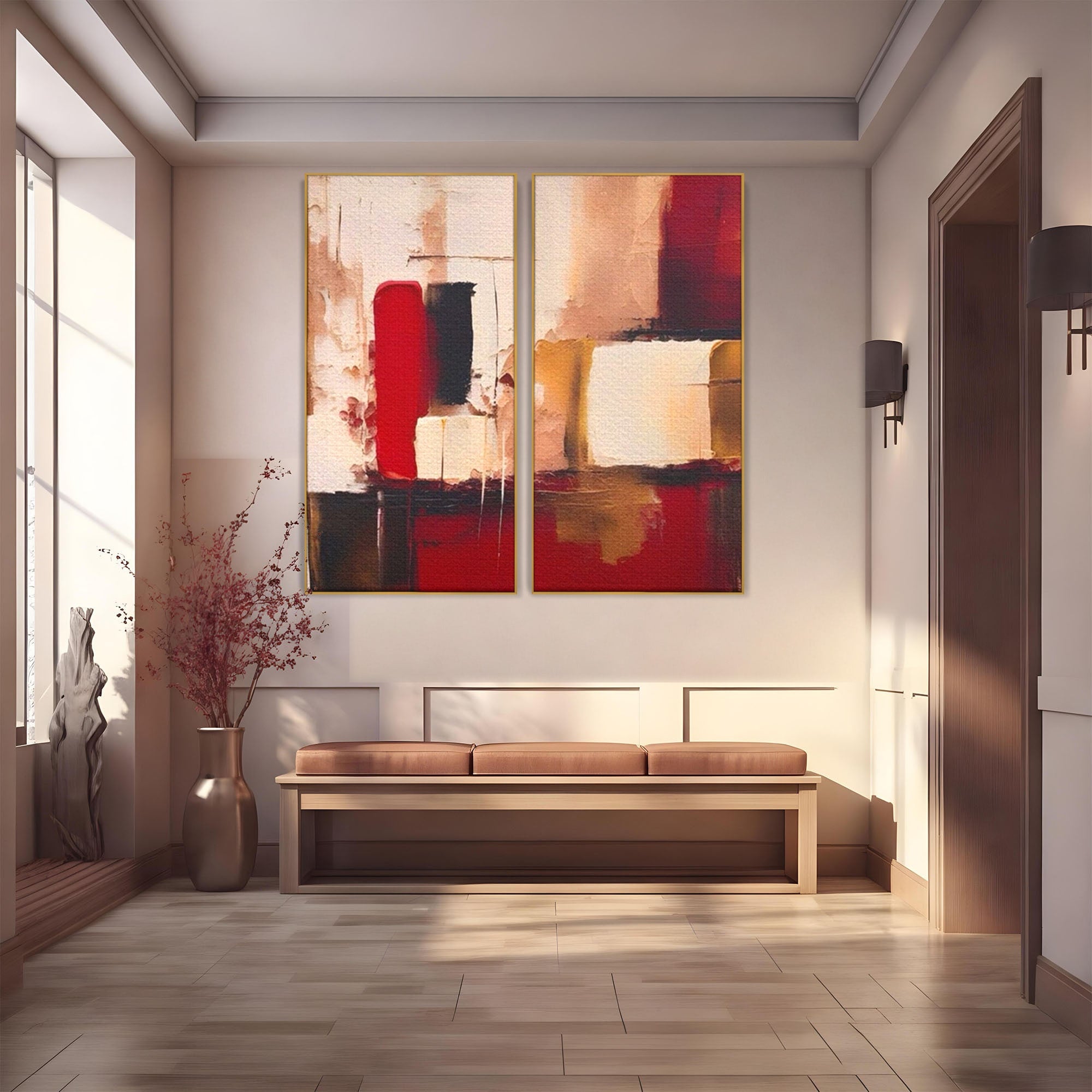 Set 2 Tablouri Canvas Premium LuxCanva® A2-1587, Red Squares, Room, Orizontal, Patrate, Decorativ, Abstract, Living, Culori Vibrante