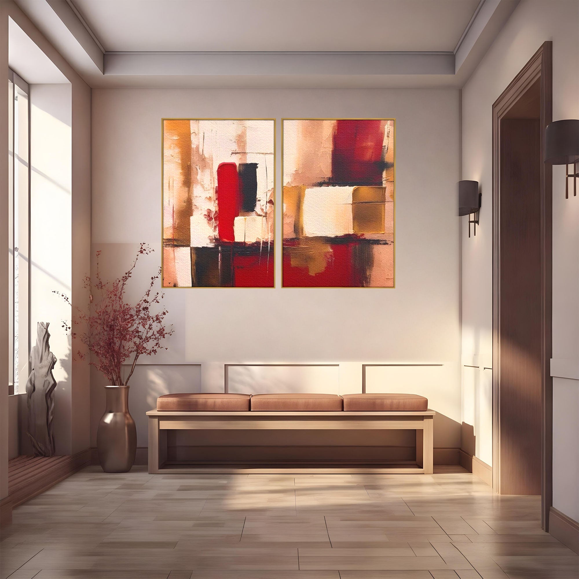 Set 2 Tablouri Canvas Premium LuxCanva® A2-1587, Red Squares, Room, Orizontal, Patrate, Decorativ, Abstract, Living, Culori Vibrante